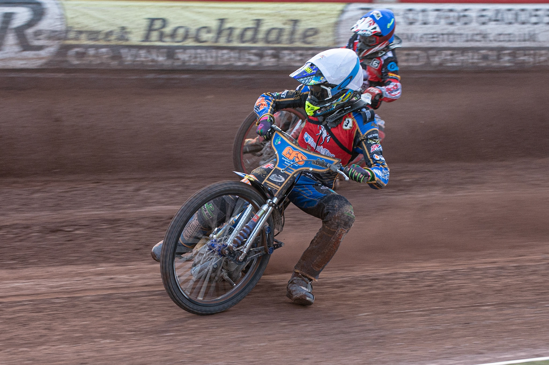 Photo: Ian Charles

Anders Rowe  (White) inside Connor Bailey  (Blue)

Belle Vue Colts v Kent Kings, SGB National League KO Cup Quarter Final 1st Leg, Belle Vue National Speedway Stadium, Manchester, Thursday 20  June  2019