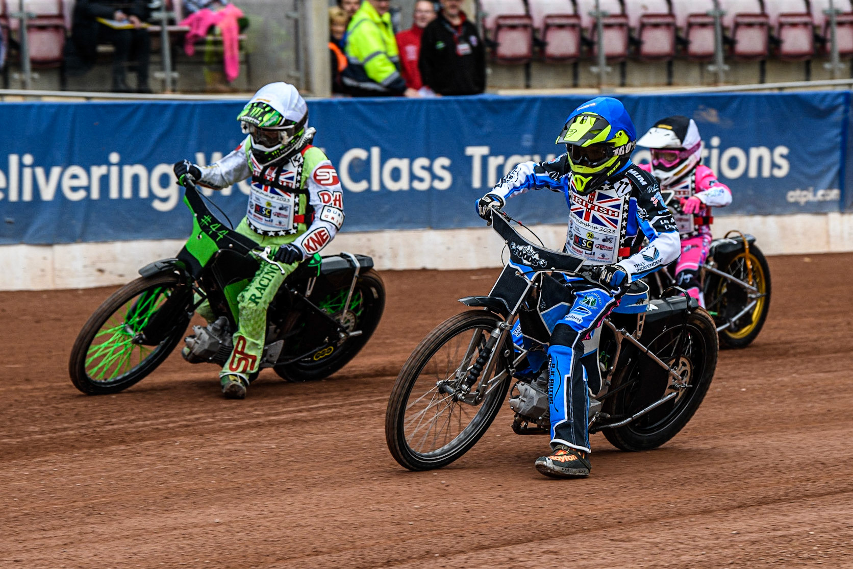 Jack Scully-Syer (Blue) inside Charlie Southwick (Yellow) with \Jessica Cox  (Black\White) behind during the British Youth Championships at the National Speedway Stadium, Manchester on Friday 12th May 2023. (Photo: Ian Charles | MI News)