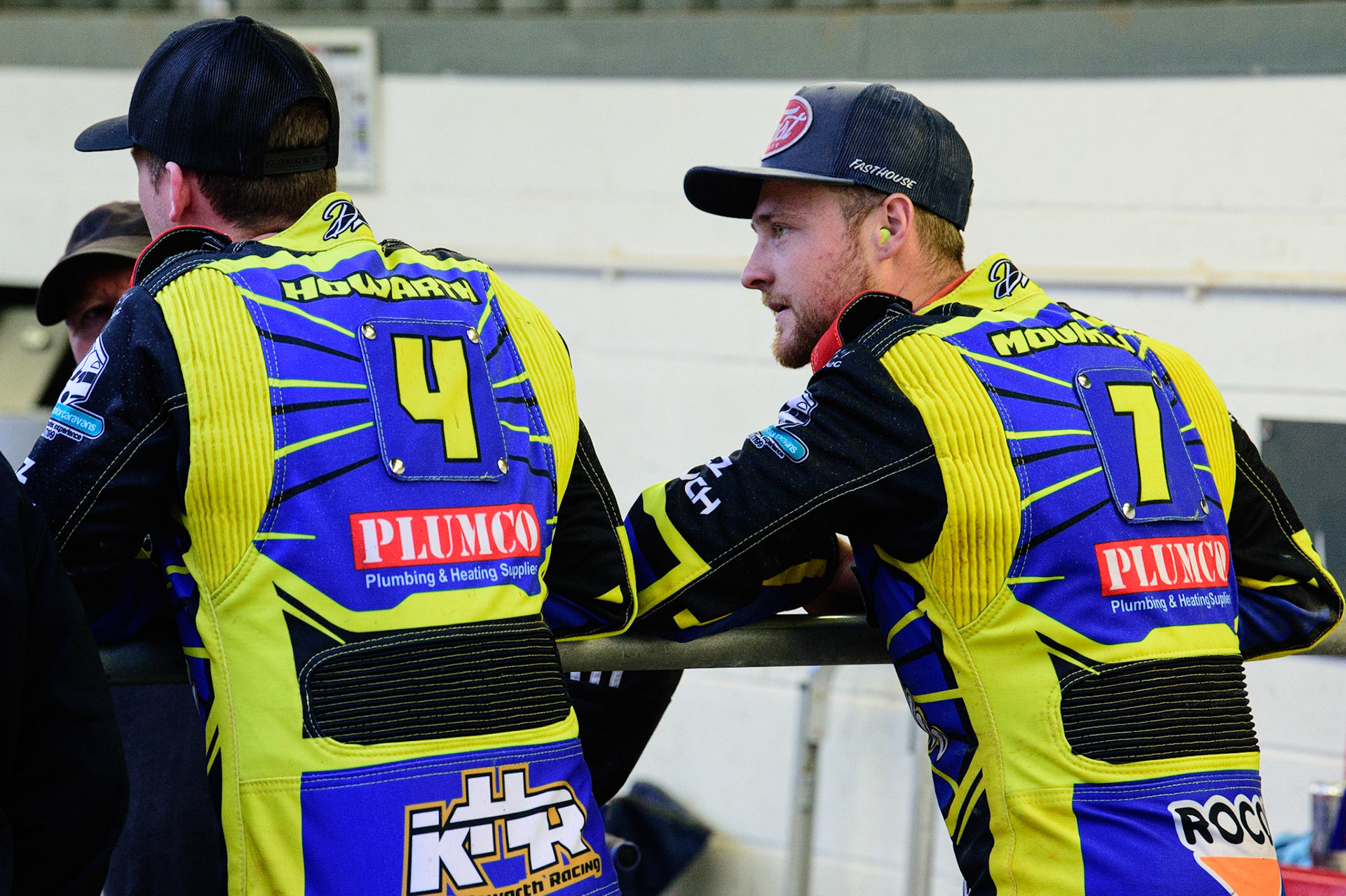 MANCHESTER, UK. JUL 5TH  Kyle Howarth  (left) and Connor Mountain  in discussion  during the SGB Premiership match between Belle Vue Aces and Sheffield Tigers at the National Speedway Stadium, Manchester on Tuesday 5th July 2022. (Credit: Ian Charles | MI News)