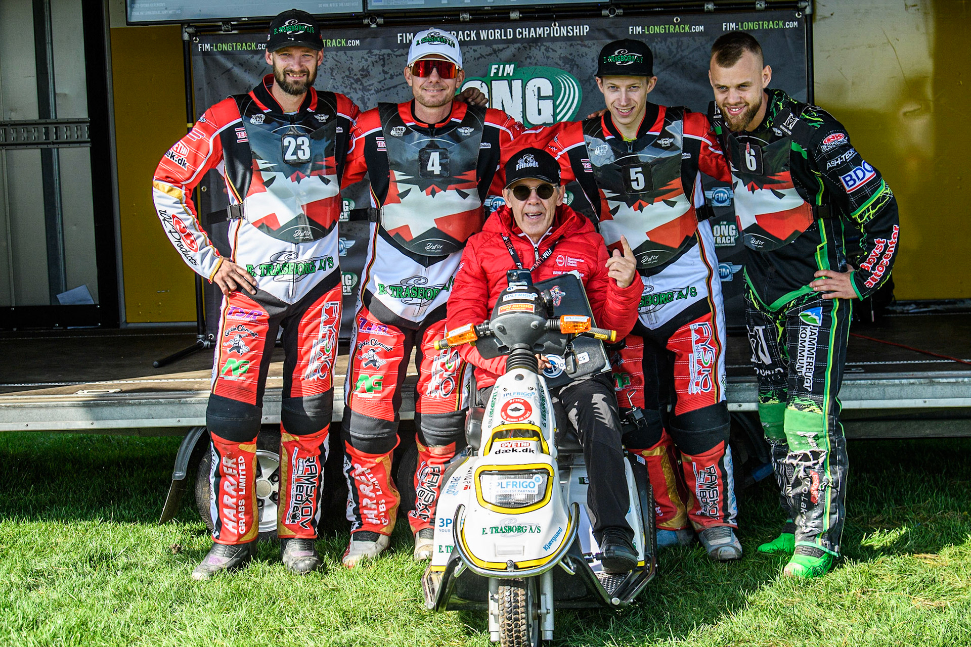 Danish Team: (L to R) Morten Qvistgaard, Kenneth K. Hansen, Danish Team Manager Erik Gundersen, Jacob Bukhave and Tobias Thomsen during the FIM Long Track Of Nations event at the Speed Centre Roden on Sunday 24th September 2023. (Photo: Ian Charles | MI News)