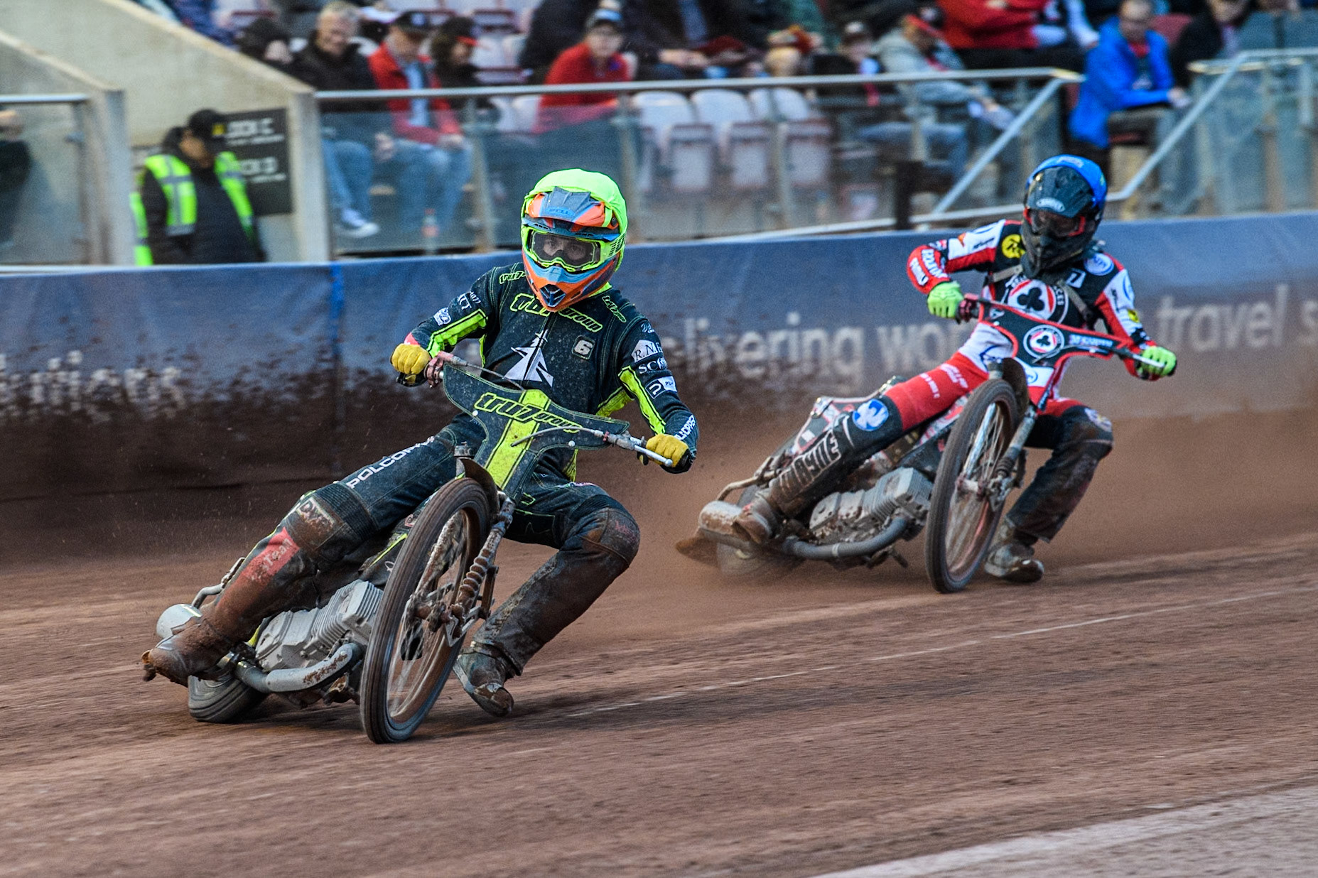 Ipswich Witches' Keynan Rew in Yellow leading Belle Vue Aces' Connor Bailey  in Blue during the Rowe Motor Oil Premiership match between Belle Vue Aces and Ipswich Witches at the National Speedway Stadium, Manchester on Monday 1st July 2024. (Photo: Ian Charles | MI News)