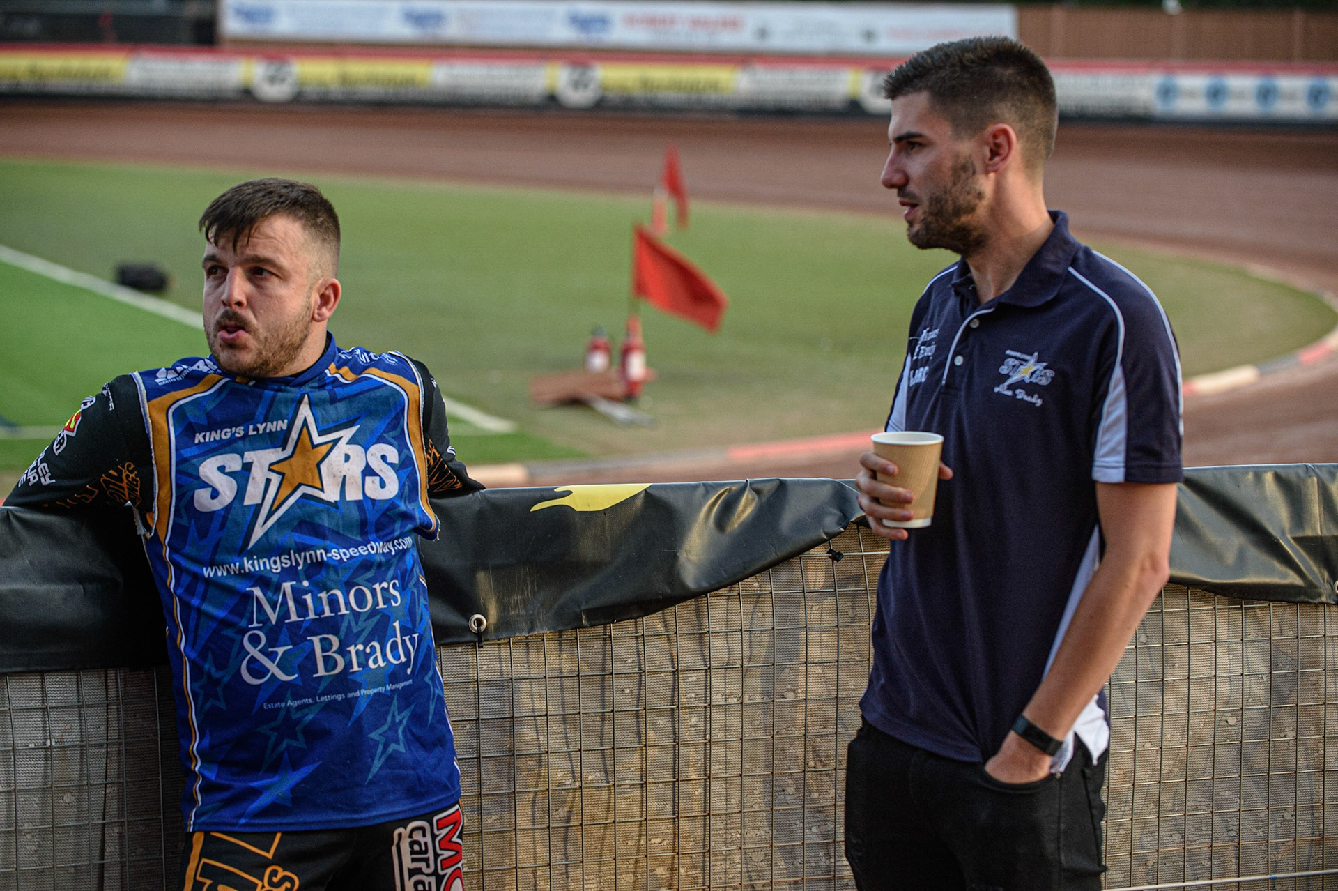 MANCHESTER, UK. AUGUST 23RD    Ben Barker  (left) with King’s Lynn Minors &amp; Brady Stars  Team Manager Alex Brady  during the SGB Premiership match between Belle Vue Aces and King's Lynn Stars at the National Speedway Stadium, Manchester on Monday 23rd August 2021. (Credit: Ian Charles | MI News)