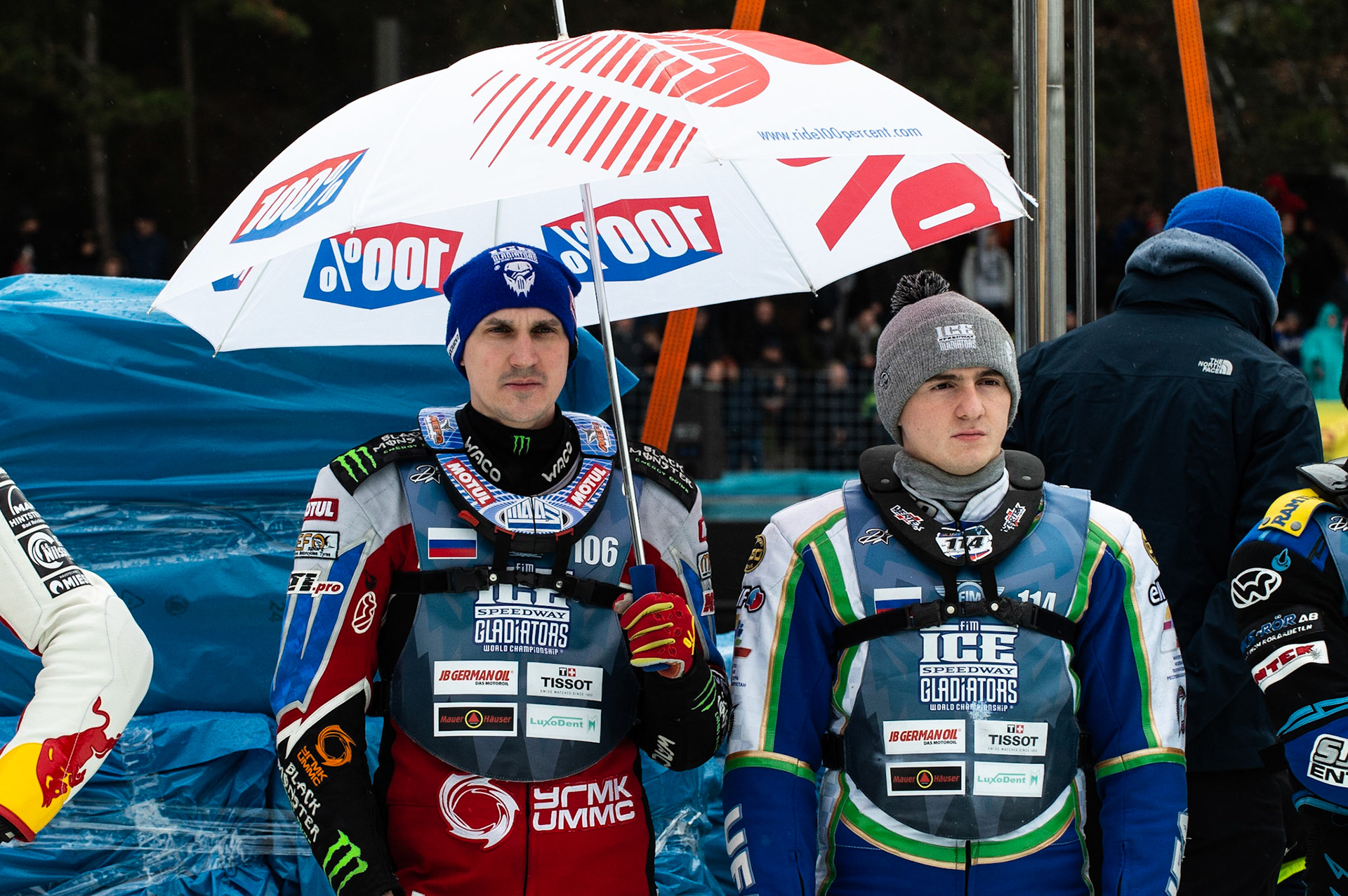 Photo: Ian Charles

Dmitri Koltakov (106) and Dinar Valeev (114) shelter from the rain

FIM Ice Speedway Gladiators World Championship, Final 3.2, Horst-Dohm Eisstadion, Berlin, Germany Sunday  3  March  2019