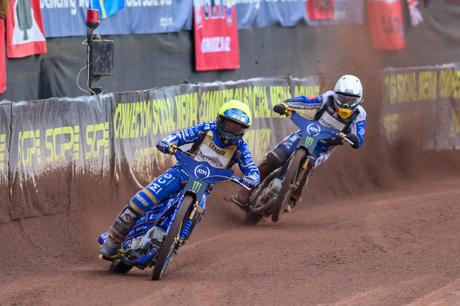 Bartosz Zmarzlik (95) of Poland in Yellow leading Robert Lambert (505) of Great Britain in White during the ATPI  FIM Speedway GP of Manchester at the National Speedway Stadium, Manchester on Saturday 6th June 2026. (Photo: Ian Charles | MI News)
