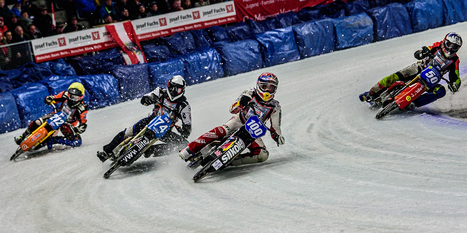 Franz Zorn (100) (Red) leads Harald Simon (50) (Blue) Mats Järf (74) (White) and Lukas Hutla (212) (Yellow) during the Ice Speedway Gladiators World Championship Final 1 at Max-Aicher-Arena, Inzell, Germany on Saturday 18th March 2023. (Photo: Ian Charles | MI News)