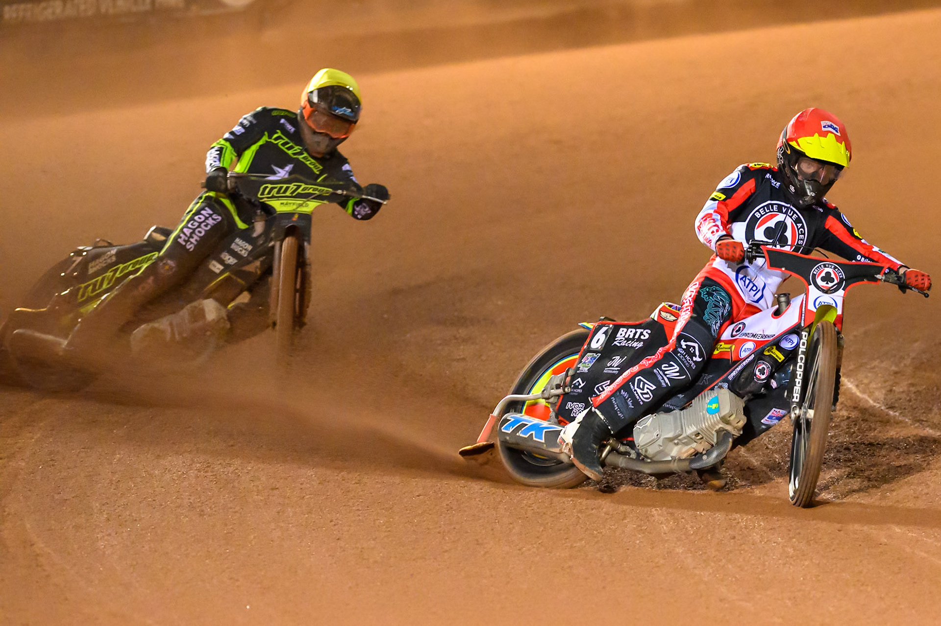 Tate Zischke of Belle Vue Aces  in Red leading Jason Edwards of Ipswich Witches in Yellow during the Rowe Motor Oil Premiership Play Off Semi Final 2nd leg match between Belle Vue Aces and Ipswich Witches at the National Speedway Stadium, Manchester on Monday 28th September 2026. (Photo: Ian Charles | MI News)