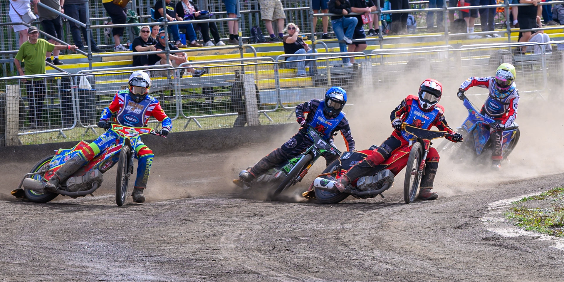 (L to R) Simon Lambert of Kings Lynn Young Stars in White , Jack Roberts of Buxton Bulls in Blue , Luke Harris of Buxton Bulls  in Red and Stene Pijper, Guest Rider for Kings Lynn Young Stars  in Yellow during the WSRA National Development League match between Buxton Bulls and King's Lynn Young Stars at Hi-Edge Speedway, Buxton on Sunday 9th August 2026. (Photo: Ian Charles | MI News)