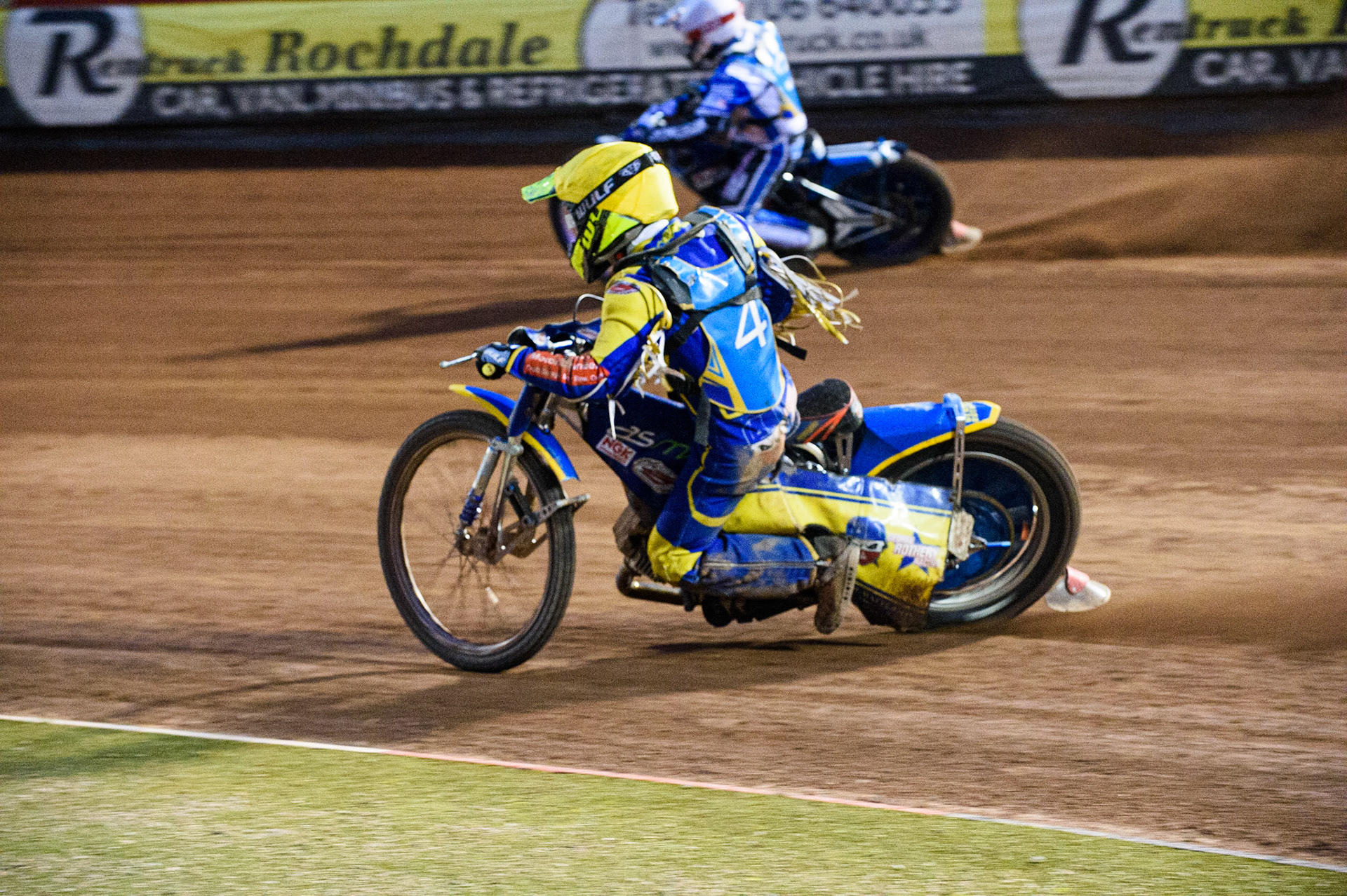 MANCHESTER, UK. AUGUST 20TH George Rothery  (Yellow) inside Danny Phillips  (White) during the National Development League match between Belle Vue Aces and Armadale Devils at the National Speedway Stadium, Manchester on Friday 20th August 2021. (Credit: Ian Charles | MI News)