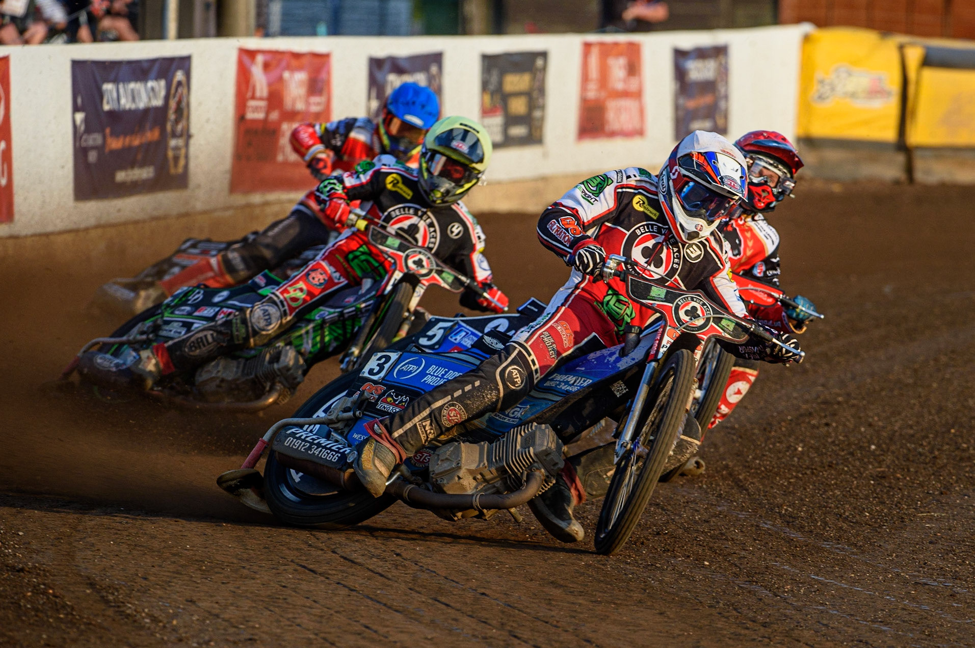 PETERBOROUGH, UK. JULY 19TH   Steve Worrall  (White) leads Bjarne Pedersen  (Red) Charles Wright  (Yellow) and Jordan Palin  (Blue) during the SGB Premiership match between Peterborough and Belle Vue Aces at East of England Showground, Peterborough on Monday 19th July 2021. (Credit: Ian Charles | MI News)