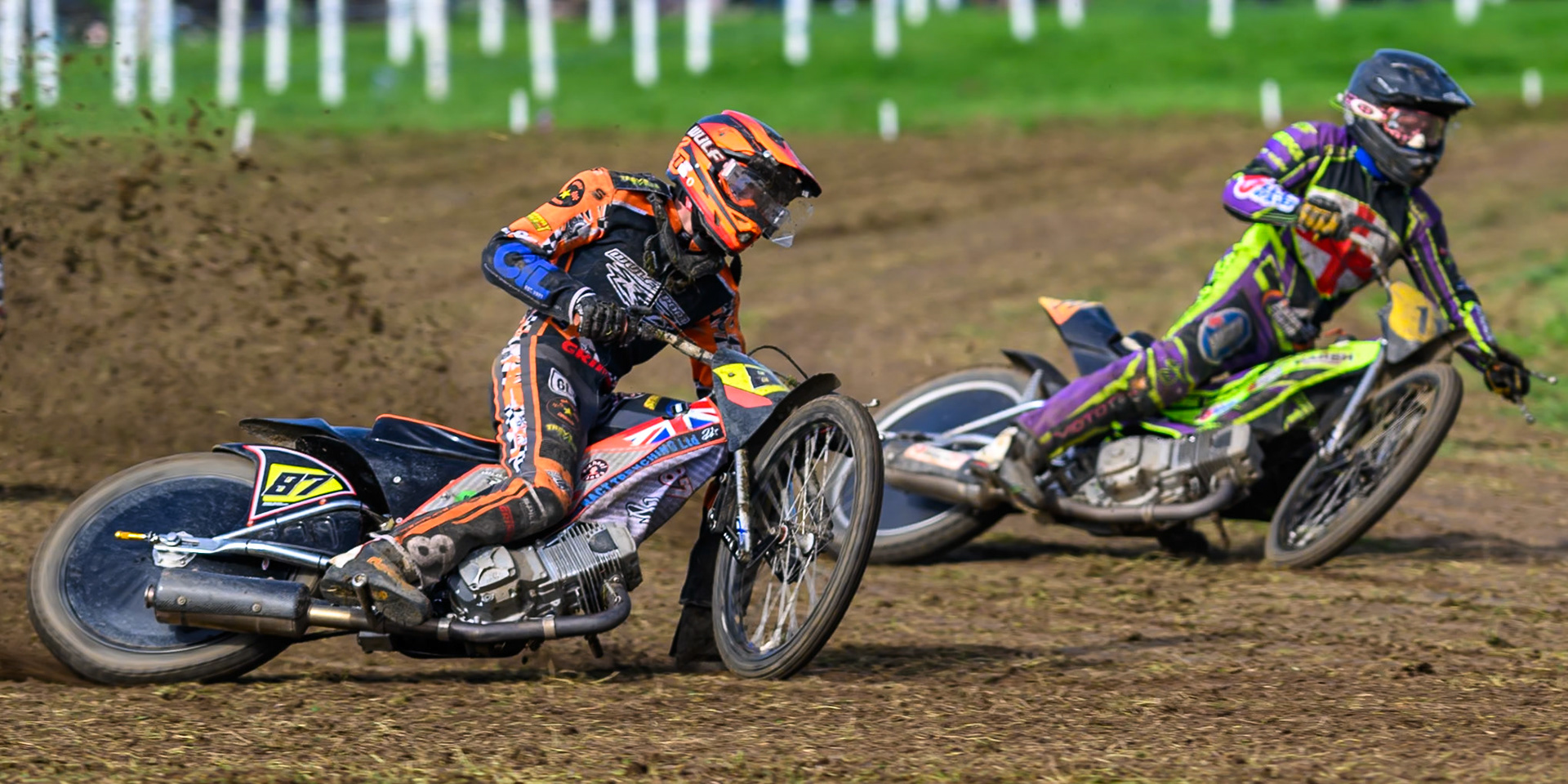 British Masters (Solos): Mickie Simpson (87) leading Paul Cooper (11)  during the British Masters Grasstrack Championship at Lower Marsh Farm, Much Hoole, Preston in Lancashire, England on Sunday 13th September 2026. (Photo: Ian Charles | MI News)