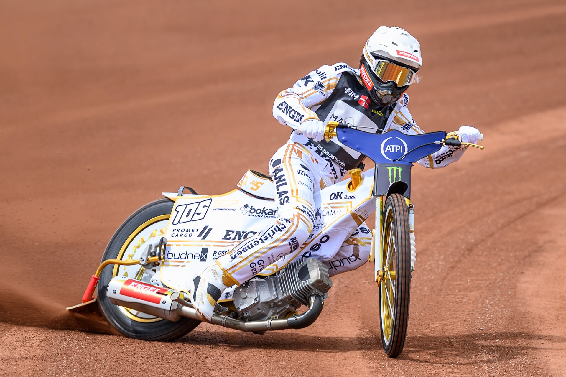 Anders Thomsen (105) of Denmark during practice for   the ATPI  FIM Speedway GP of Manchester at the National Speedway Stadium, Manchester on Friday 5th June 2026. (Photo: Ian Charles | MI News)