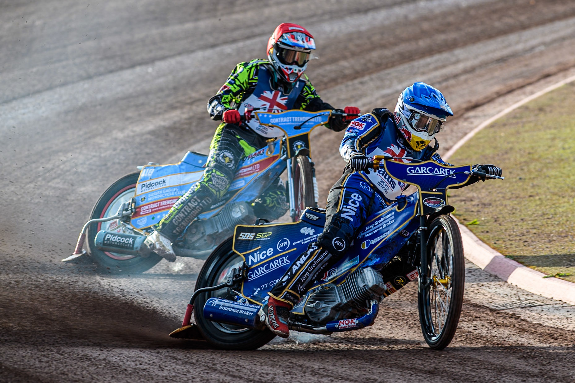 Robert Lambert in Blue leading Drew Kemp in Red during the Attis Insurance Sports Division British Speedway Championship Final at the National Speedway Stadium, Manchester on Saturday 8th June 2024. (Photo: Ian Charles | MI News)