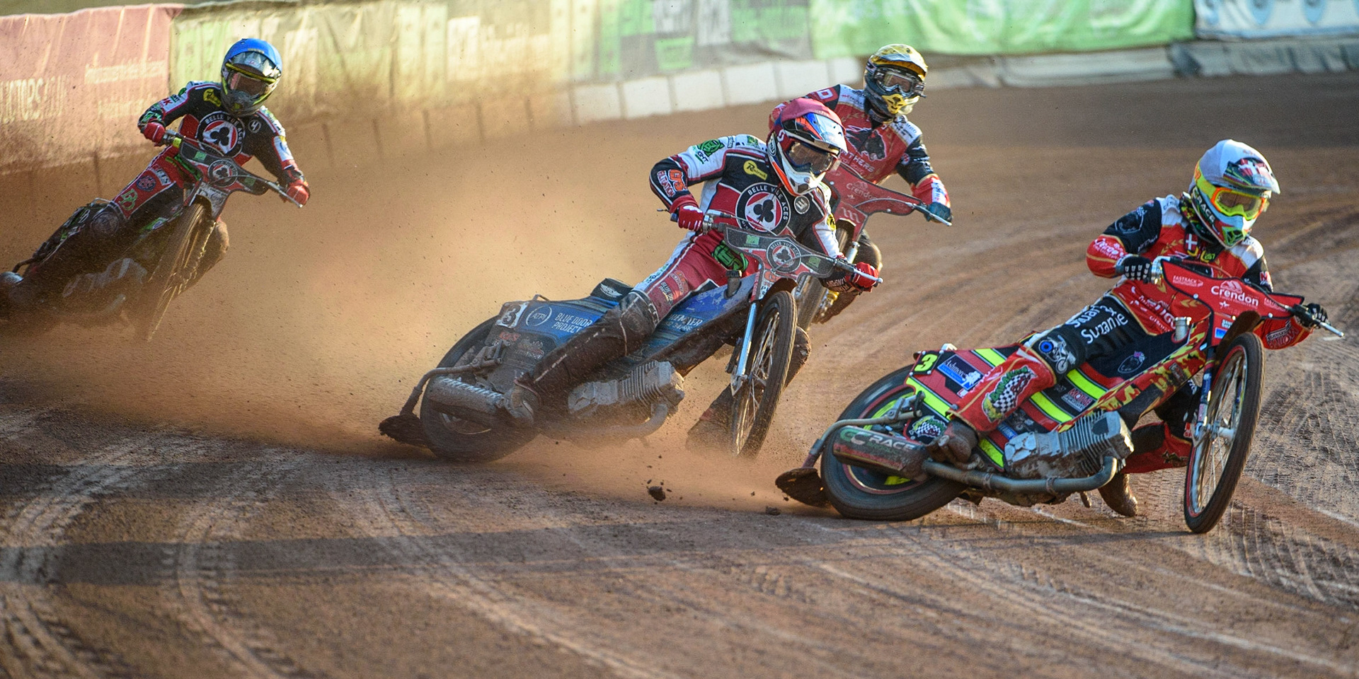 MANCHESTER, UK. AUG 9TH  Michael Palm Toft  (White) leads Steve Worrall (Red), Bjarne Pedersen  (Yellow) and Charles Wright  (Blue) during the SGB Premiership match between Belle Vue Aces and Peterborough at the National Speedway Stadium, Manchester on Monday 9th August 2021. (Credit: Ian Charles | MI News)