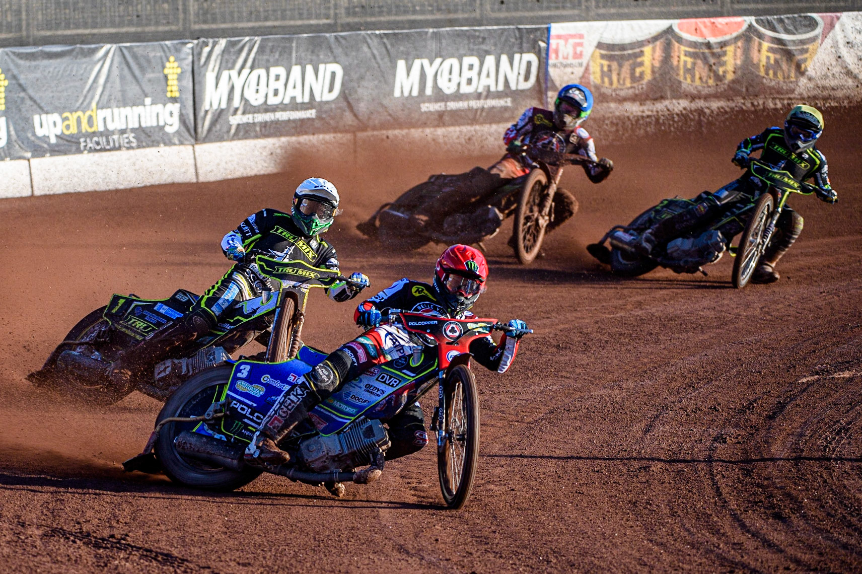 Jaimon Lidsey (Red) leads Jason Doyle (White), Ben Barker (Yellow) and Charles Wright (Blue) during the Sports Insure Premiership match between Belle Vue Aces and Ipswich Witches at the National Speedway Stadium, Manchester on Monday 5th June 2023. (Photo: Ian Charles | MI News)