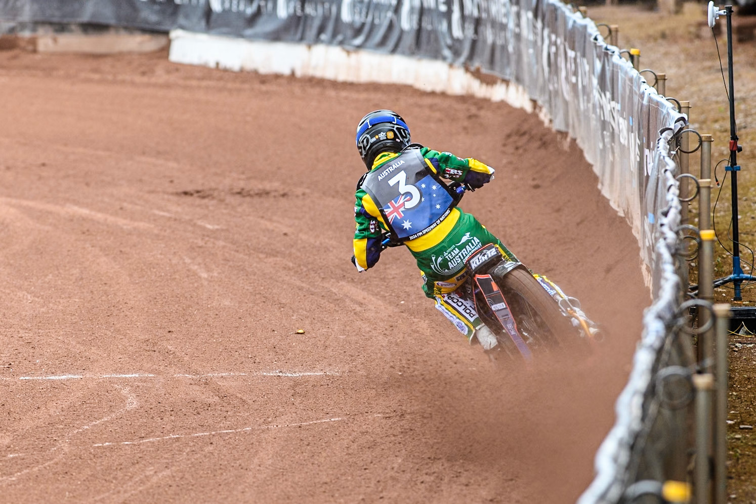 Brady Kurtz of Australia uses the kick board to get some drive as he practices during the Monster Energy FIM Speedway of Nation Semi Final 2 at the National Speedway Stadium, Manchester on Wednesday 10th July 2024. (Photo: Ian Charles | MI News)
