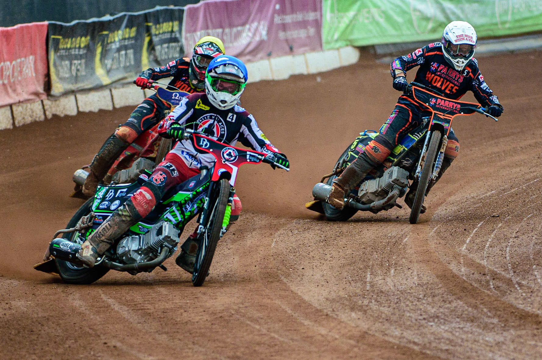 Charles Wright  (Blue) leads Nick Morris  (White) and Drew Kemp  (Yellow) during the SGB Premiership match between Belle Vue Aces and Wolverhampton Wolves at the National Speedway Stadium, Manchester on Monday 29th August 2022. (Credit: Ian Charles | MI News)