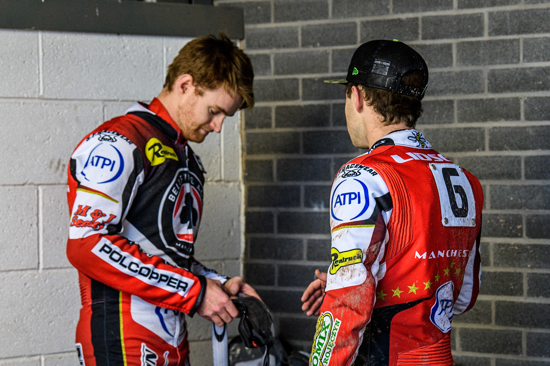 Brady Kurtz  (left) with Jaimon Lidsey  during the SGB Premiership match between Belle Vue Aces and Leicester Lions at the National Speedway Stadium, Manchester on Monday 1st May 2023. (Photo: Ian Charles | MI News)