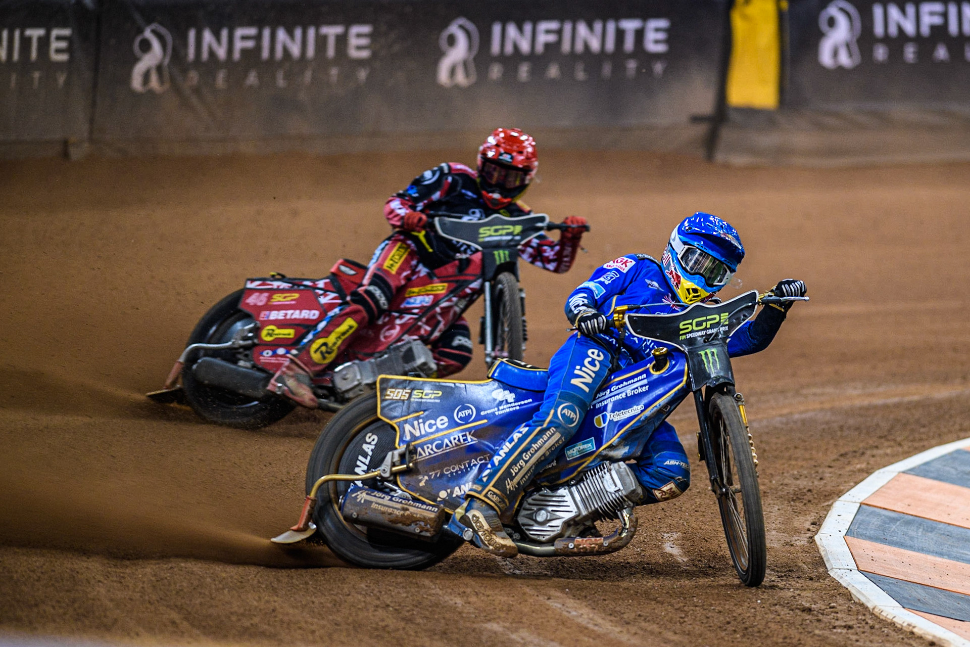 Robert Lambert (505) (Blue) leads  Max Fricke (46) (Red) during the FIM Speedway Grand Prix of Great Britain at the Principality Stadium, Cardiff on Saturday 2nd September 2023. (Photo: Ian Charles | MI News)