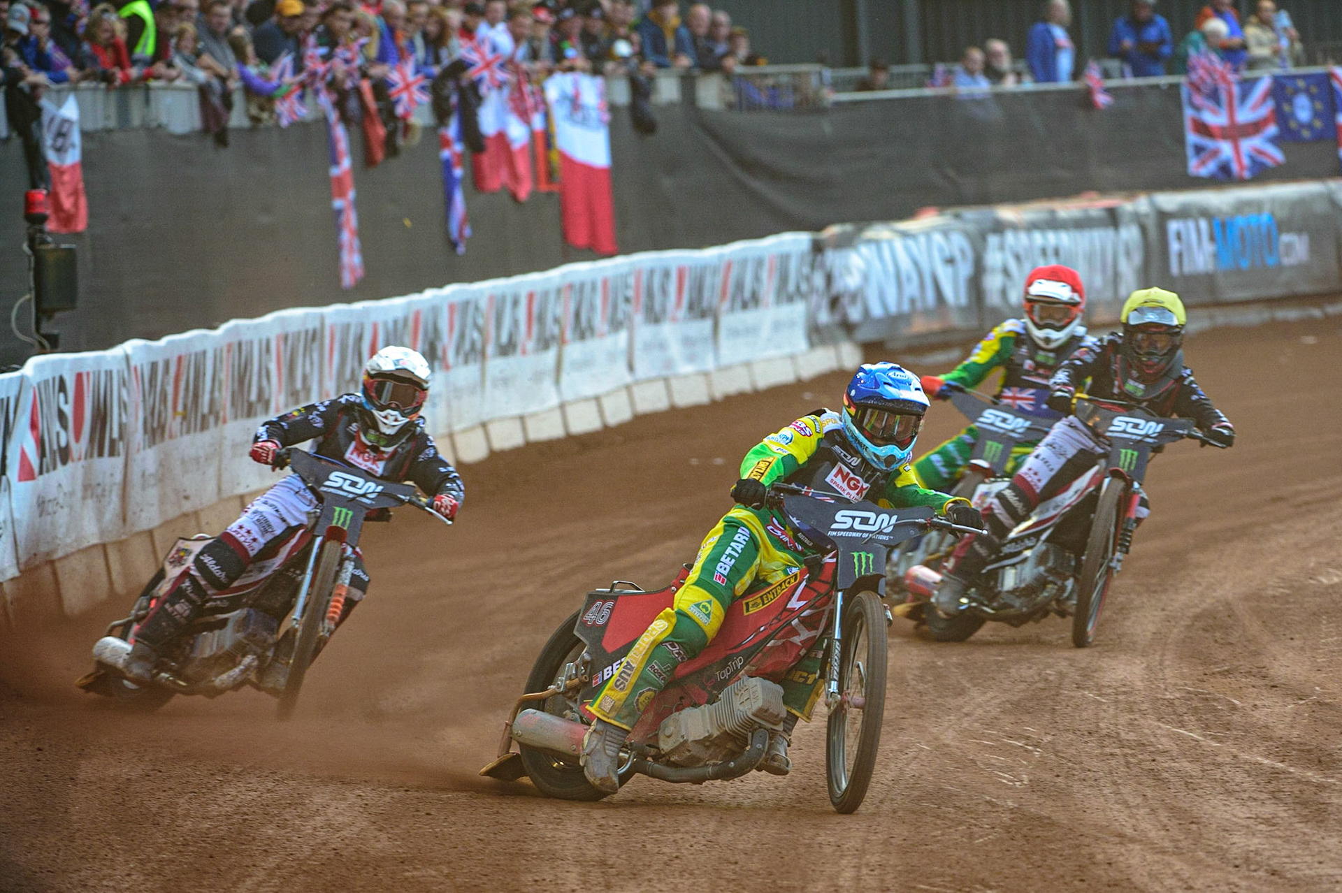 MANCHESTER, UK. OCT 16TH Max Fricke of Australia leads Andzejs Lebedevs of Latvia (White) and Olegs Mijailovs of Latvia (Yellow) with Keynan Rew of Australia (Red) behind during the Monster Energy FIM Speedway of Nations at the National Speedway Stadium, Manchester on Saturday  16th October 2021. (Credit: Ian Charles | MI News)