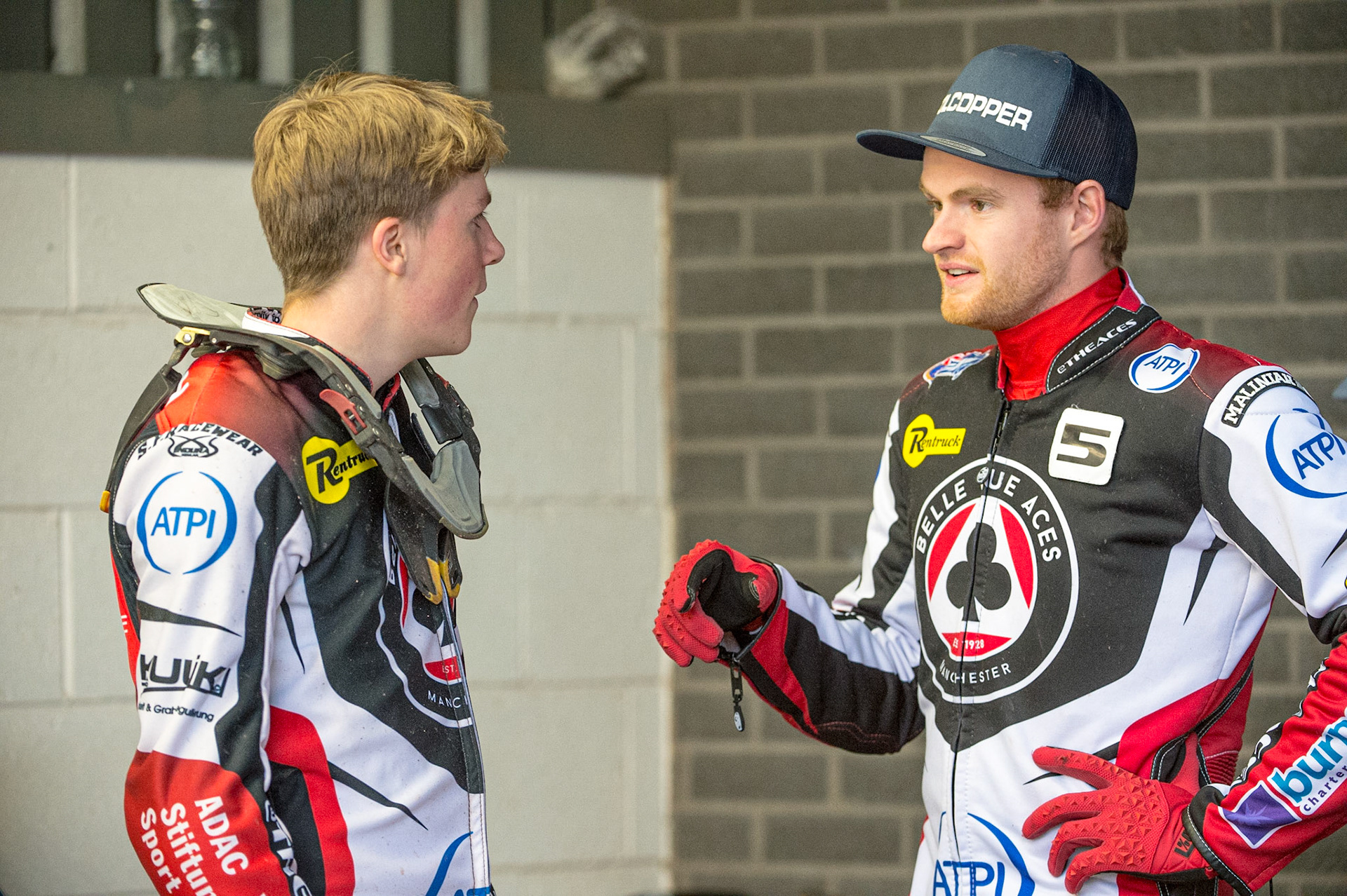 MANCHESTER, UK. JUN 13TH Norick Blödorn  (left) chats with Brady Kurtz  during the SGB Premiership match between Belle Vue Aces and Wolverhampton  Wolves at the National Speedway Stadium, Manchester on Monday 13th June 2022. (Credit: Ian Charles | MI News)