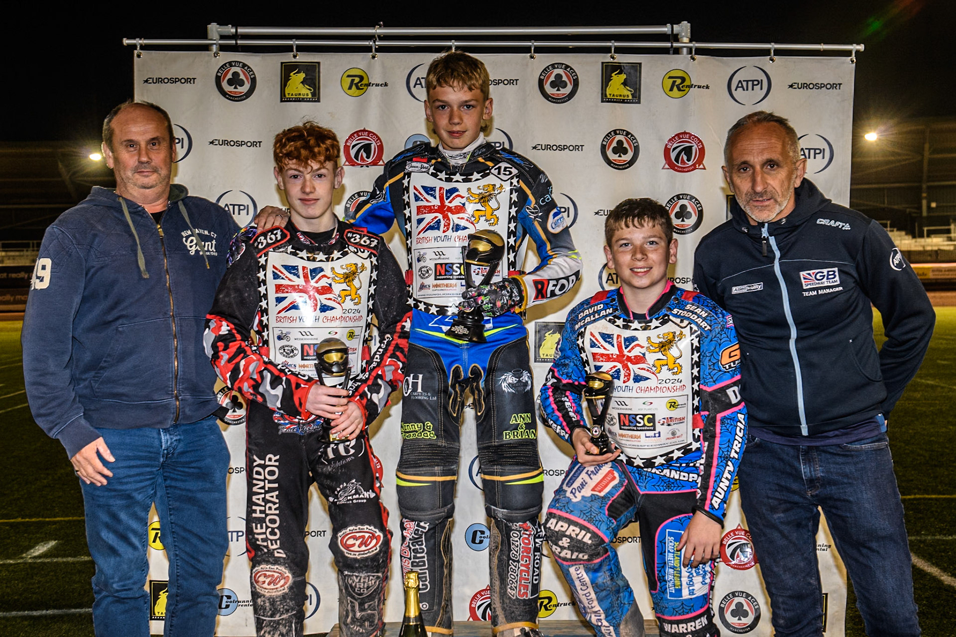 125cc Top3: (L to R) Richard Cotton (Rentruck), Charlie Luckman (2nd), Oliver Bovingdon (winner), Rocco Webb (3rd), Neil Vatcher (GB Youth Team Manager) during the British Youth 250cc Championships at the National Speedway Stadium, Manchester on Friday 30th August 2024. (Photo: Ian Charles | MI News)