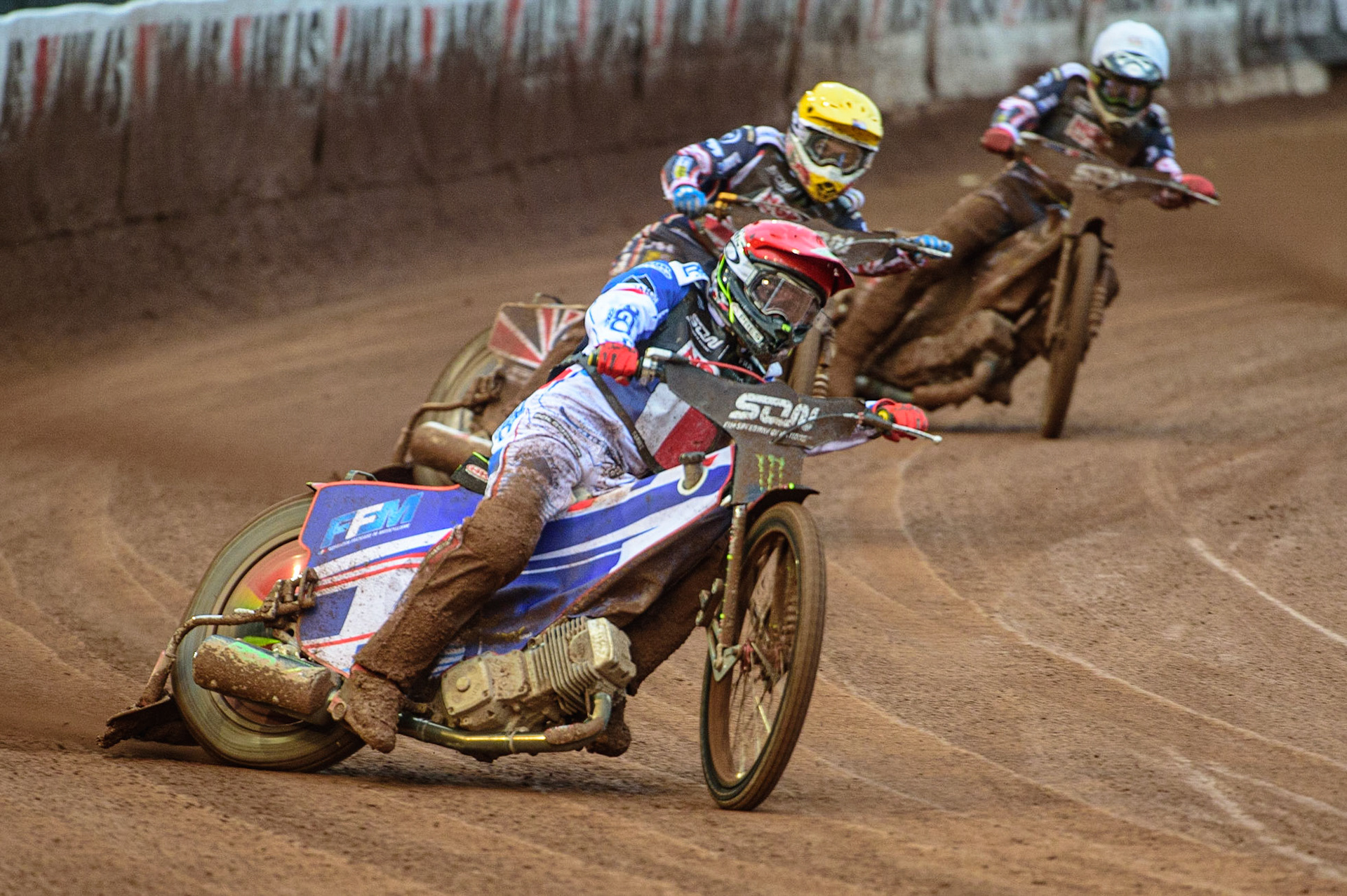 MANCHESTER, UK. OCT 17TH David Bellego of France (Red) leads Robert Lambert of Great Britain (Yellow) and Dan Bewley of Great Britain (White) during the Monster Energy FIM Speedway of Nations at the National Speedway Stadium, Manchester on Sunday  17th October 2021. (Credit: Ian Charles | MI News)