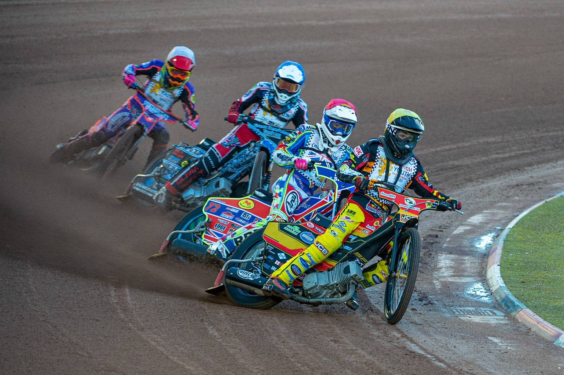 Photo: Ian CharlesDan Thompson (Yellow) leads Jake Mulford (Red), Harry McGurk (Blue) and Elliot Kelly (White) (500cc A Class)British Youth Speedway Championship (Round 5), National Speedway Stadium, Manchester Saturday  10  October  2020