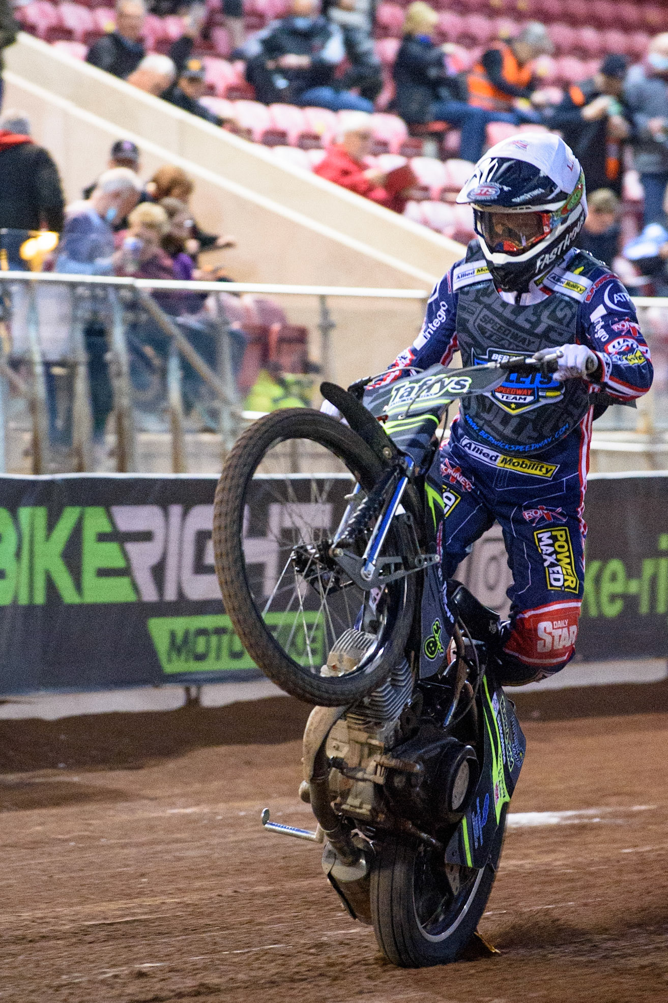 MANCHESTER, UK. MAY 28TH  Leon Flint  pulls a wheelie during the SGB National Development League match between Belle Vue Colts and Berwick Bullets at the National Speedway Stadium, Manchester on Friday 28th May 2021. (Credit: Ian Charles | MI News)