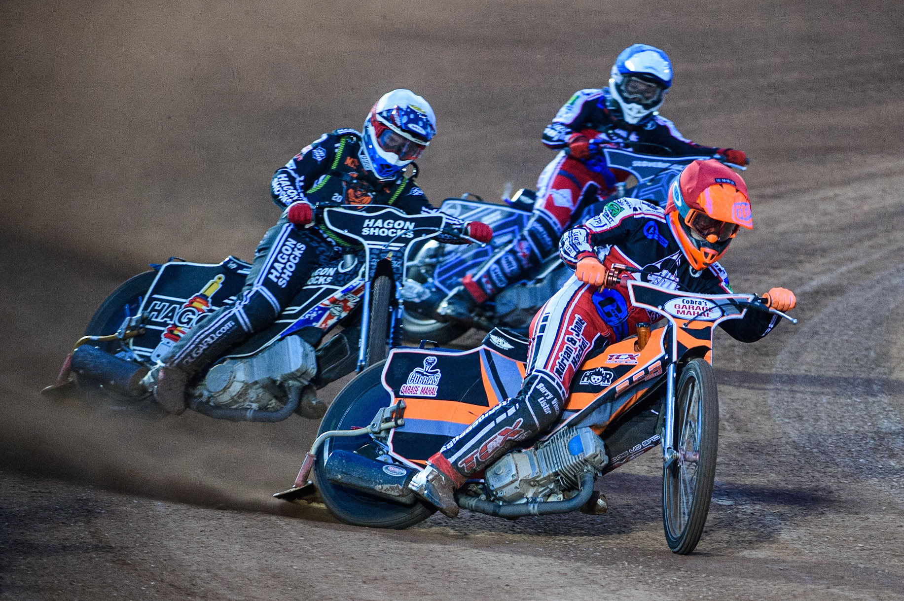 MANCHESTER, SEPT 3RD. Connor Coles  (Red) leads Sam Hagon  (White) and Sam McGurk  (Blue) during the National Development League match between Belle Vue Aces and Mildenhall Fens Tigers at the National Speedway Stadium, Manchester on Friday 3rd September 2021. (Credit: Ian Charles | MI News)