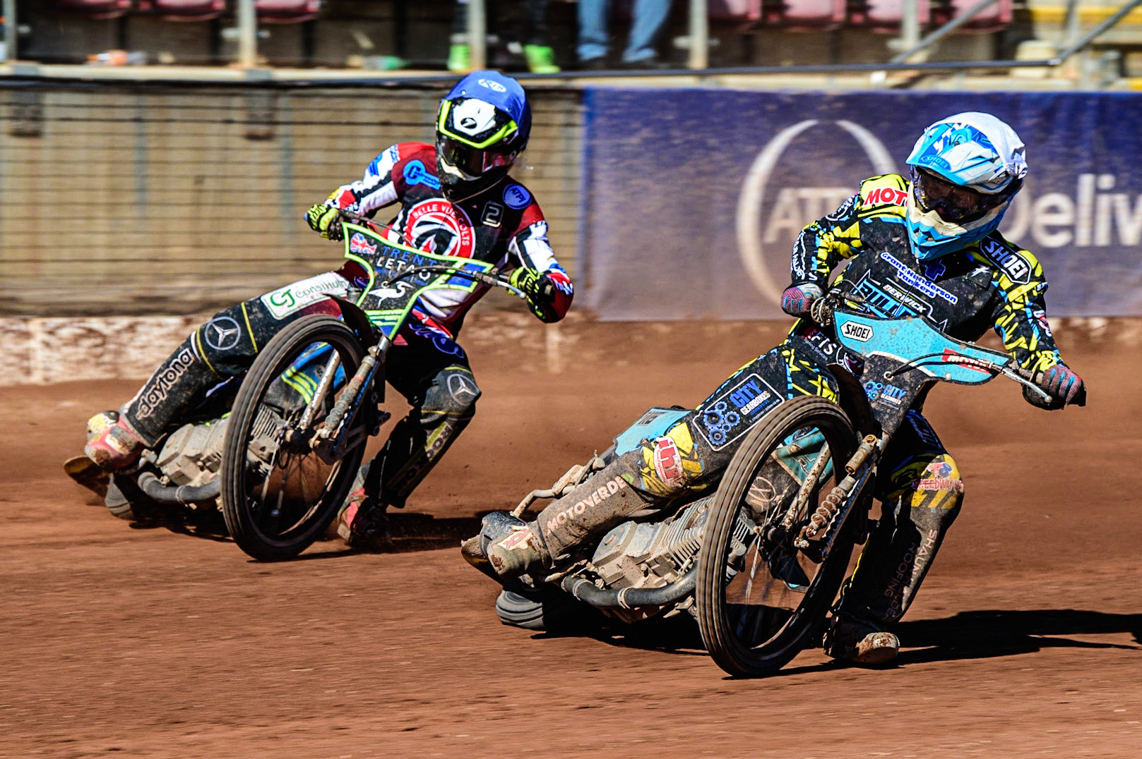 Jamie Halder  (White) leads Luke Muff  (Blue) during the National Development League match between Belle Vue Colts and Berwick Bullets at the National Speedway Stadium, Manchester on Friday 7th April 2023. (Photo: Ian Charles | MI News)