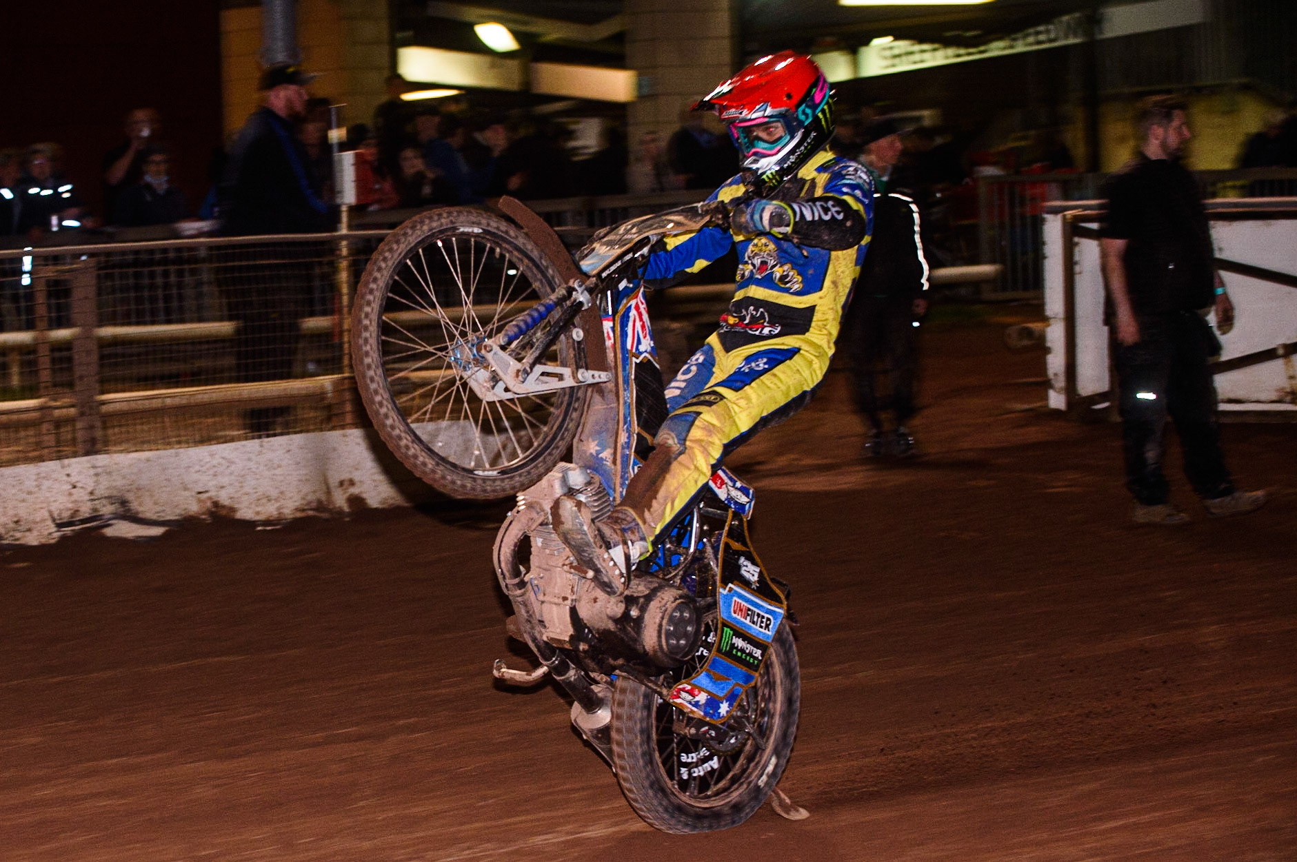 SHEFFIELD, UK. OCT 4THJack Holder  pulls a wheelie during the SGB Premiership Semi Final Playoff 1st Leg between Sheffield Tigers and Belle Vue Aces at Owlerton Stadium, Sheffield on Monday 4th October 2021. (Credit: Ian Charles | MI News)
