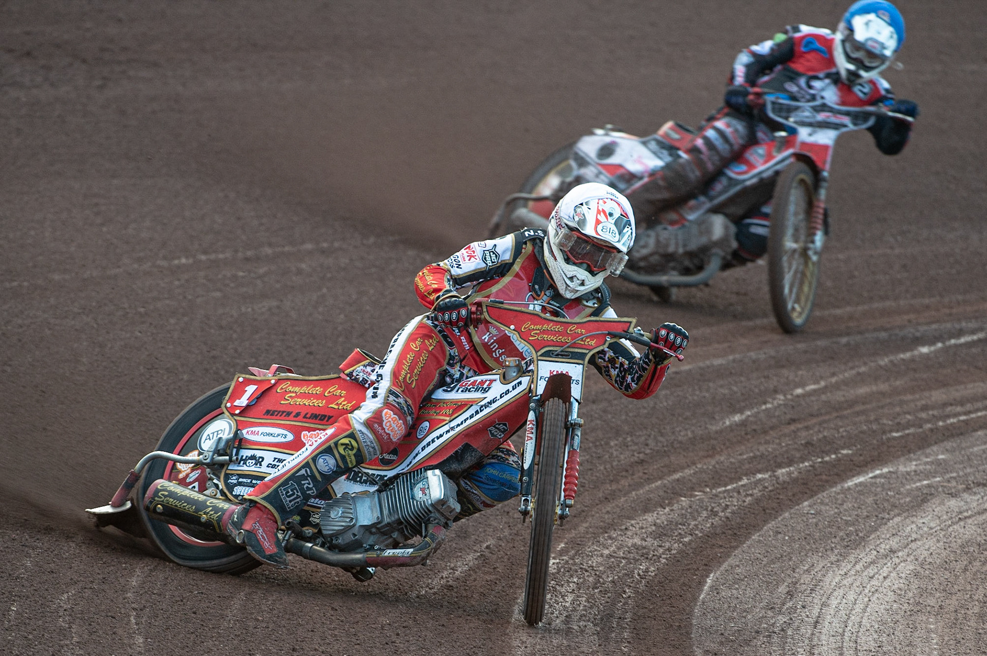 Photo: Ian Charles

Drew Kemp  (White) leads Danny Phillips  (Blue)

Belle Vue Colts v Kent Kings, SGB National League KO Cup Quarter Final 1st Leg, Belle Vue National Speedway Stadium, Manchester, Thursday 20  June  2019