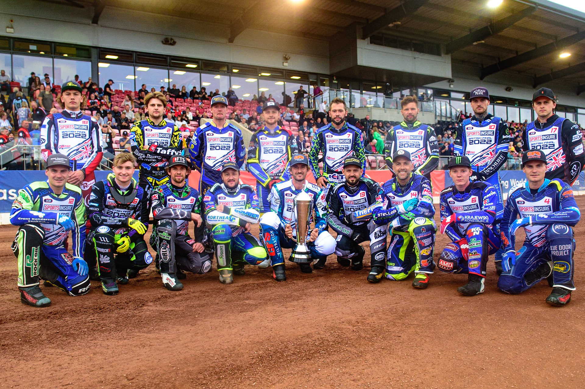 All the riders line up before the meeting during the Sports Insure British Speedway Championship Final at the National Speedway Stadium, Bellevue, Manchester, England on Monday 1st August 2022. (Photo by: Ian Charles | MI News)