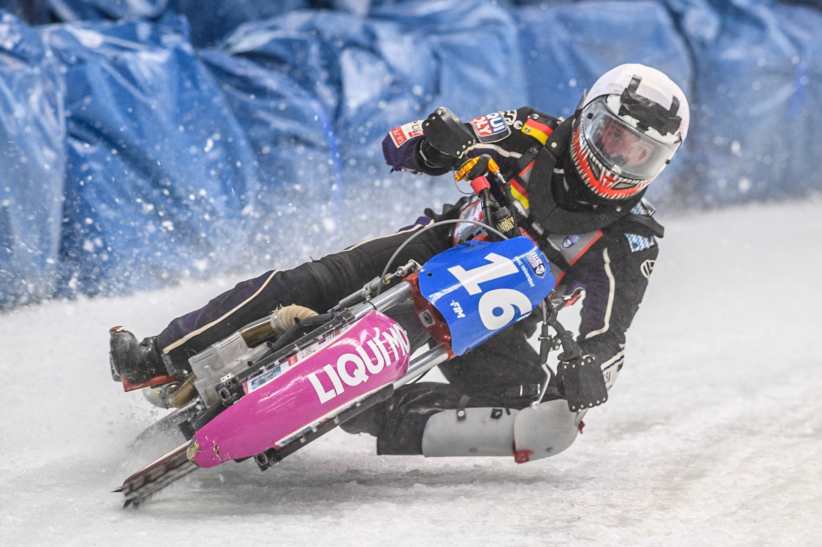 Germany's Benedikt Monn (16) in action during the FIM Ice Speedway Gladiators World Championship Final 2 at the Max-Aicher-Arena, Inzell on Sunday 24 March 2024. (Photo: Ian Charles | MI News)