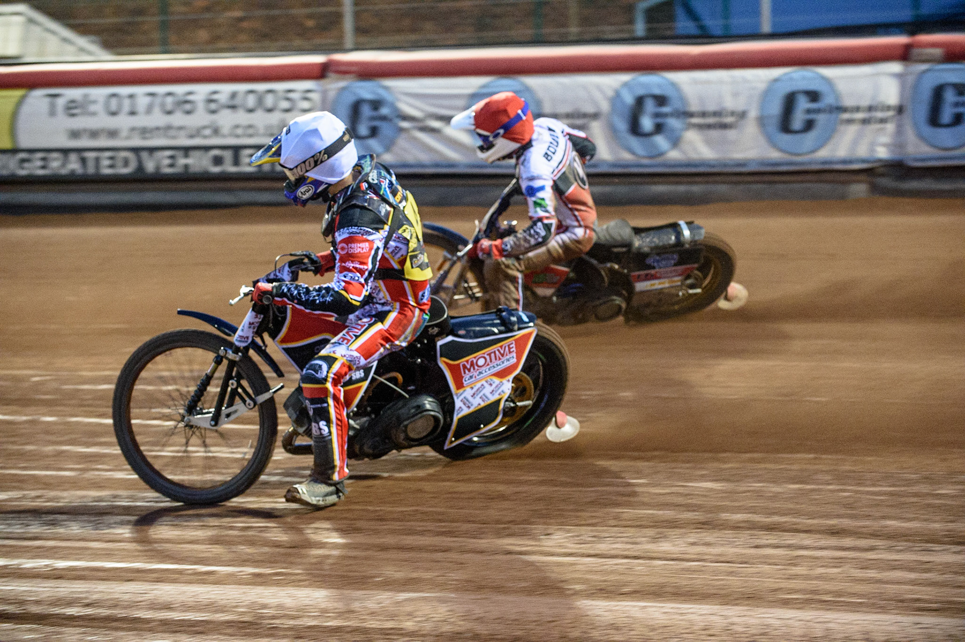 MANCHESTER, UK. JULY 29TH   Tom Spencer   (White) and Paul Bowen  (Red) battle for second place during the National Development League match between Belle Vue Colts and Leicester Lion Cubs at the National Speedway Stadium, Manchester on Thursday 29th July 2021. (Credit: Ian Charles | MI News)