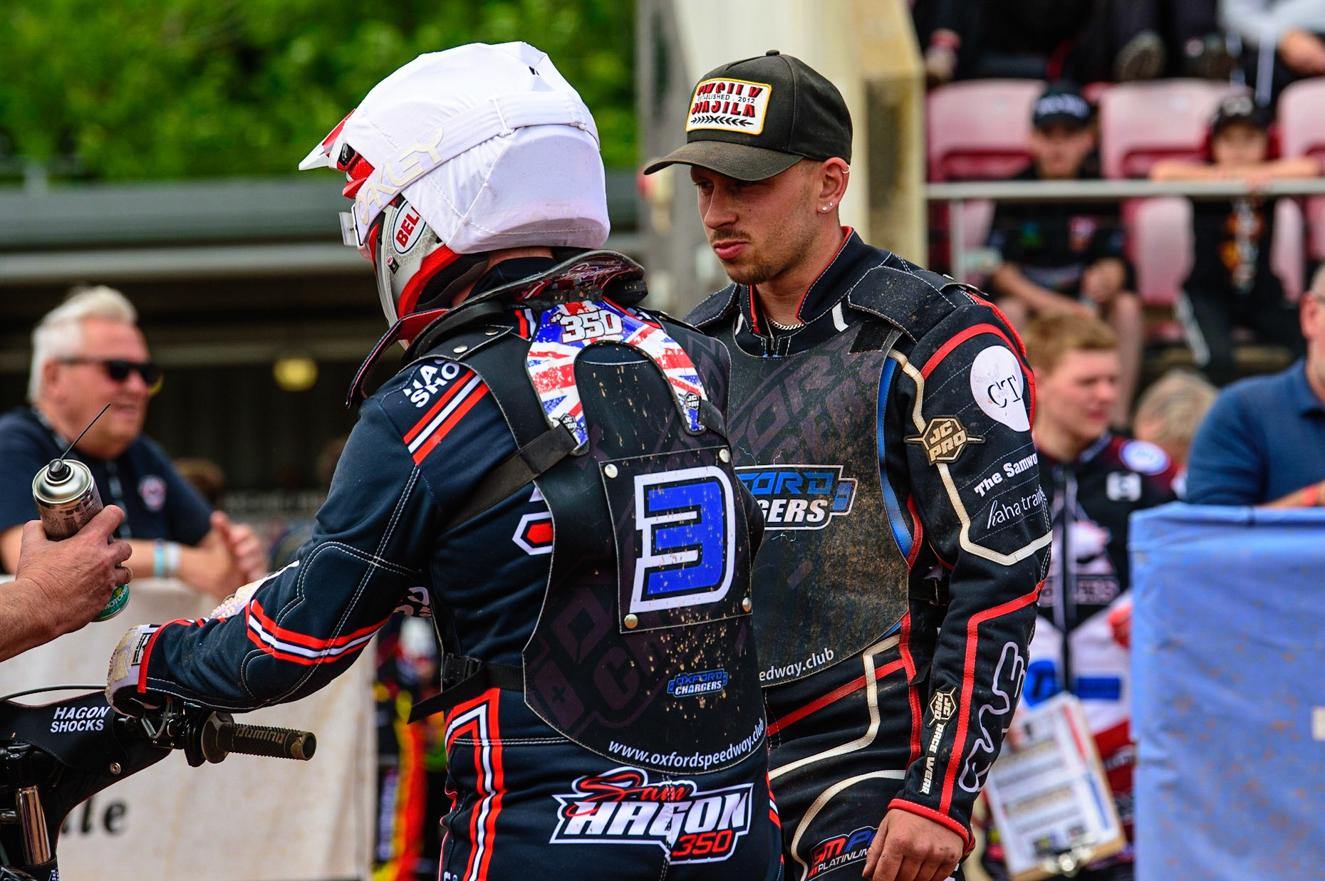 MANCHESTER, UK.  JUN 3RD  Sam Hagon  (left) with Ben Morley during the National Development League match between Belle Vue Colts and Oxford Chargers at the National Speedway Stadium, Manchester on Friday 3rd June 2022. (Credit: Ian Charles | MI News)