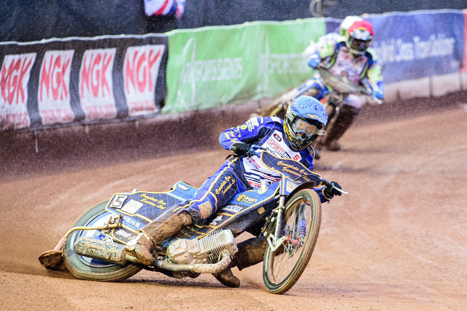 Kyle Howarth  (Blue) leads Richie Worrall  (Red) and Adam Ellis  (White) during the Sports Insure British Speedway Championship Final at the National Speedway Stadium, Bellevue, Manchester, England on Monday 1st August 2022. (Photo by: Ian Charles | MI News)