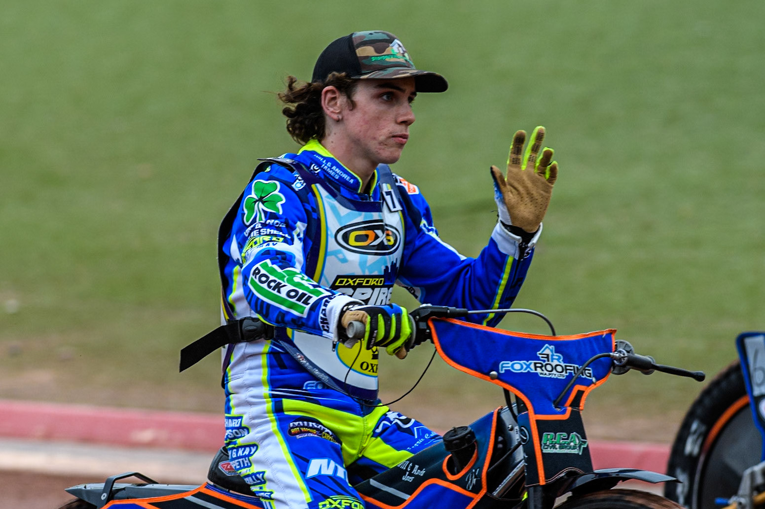 Oxford Spires' Luke Killeen on the parade lap during the Rowe Motor Oil Premiership match between Belle Vue Aces and Oxford Spires at the National Speedway Stadium, Manchester on Monday 22nd July 2024. (Photo: Ian Charles | MI News)