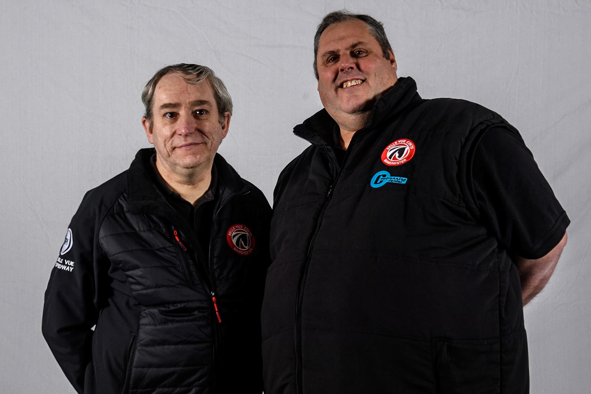 Belle Vue Colts' Joint Team Managers Graham Goodwin (left) and Steve Williams during the Belle Vue Aces Media Day at the National Speedway Stadium, Manchester on Monday 11th March 2024. (Photo: Ian Charles | MI News)