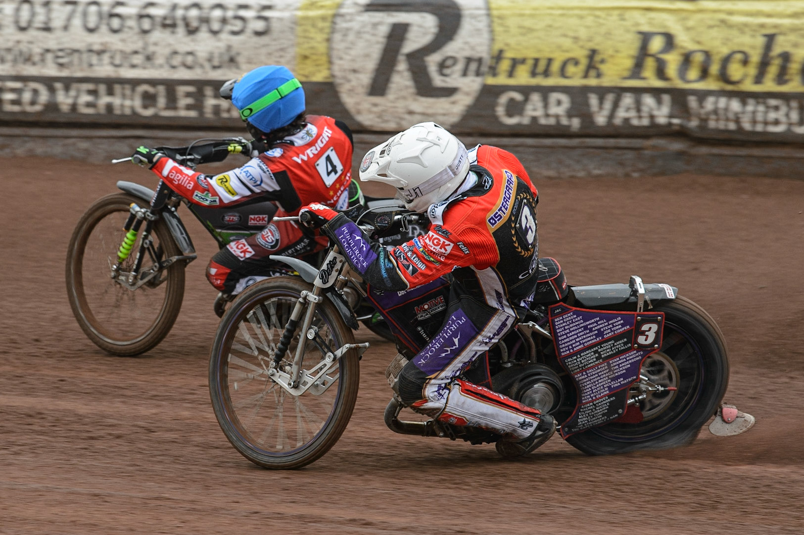 MANCHESTER, UK. MAY 2ND Charles Wright  (Blue) passes Ulrich Ostergaard  (White)  during the SGB Premiership match between Belle Vue Aces and Peterborough at the National Speedway Stadium, Manchester on Monday 2nd May 2022. (Credit: Ian Charles | MI News)