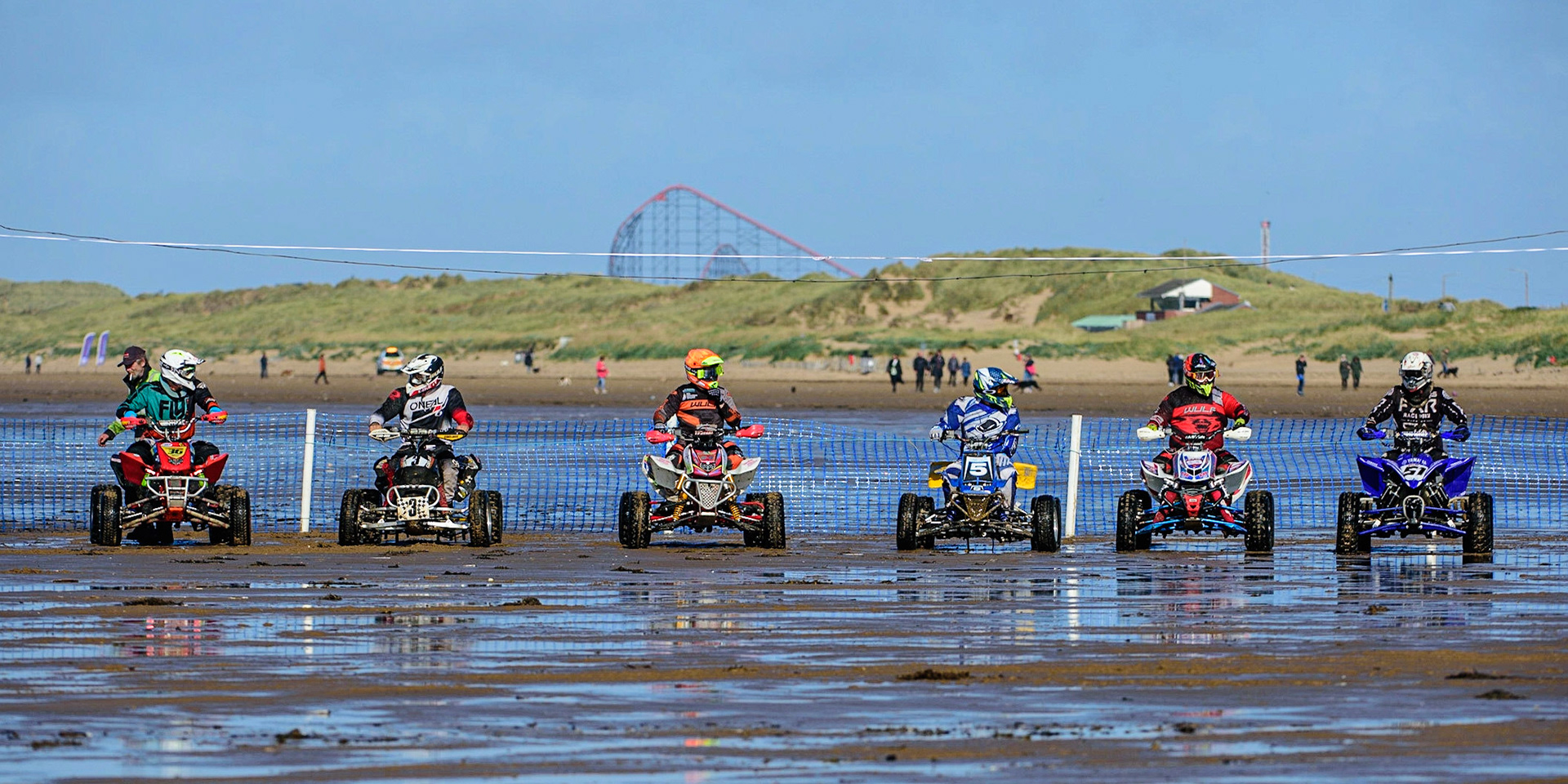 The start of the first quad bike heat during the Fylde ACU British Sand Racing Masters Championship on  Sunday 2nd October 2022. (Credit: Ian Charles | MI News)