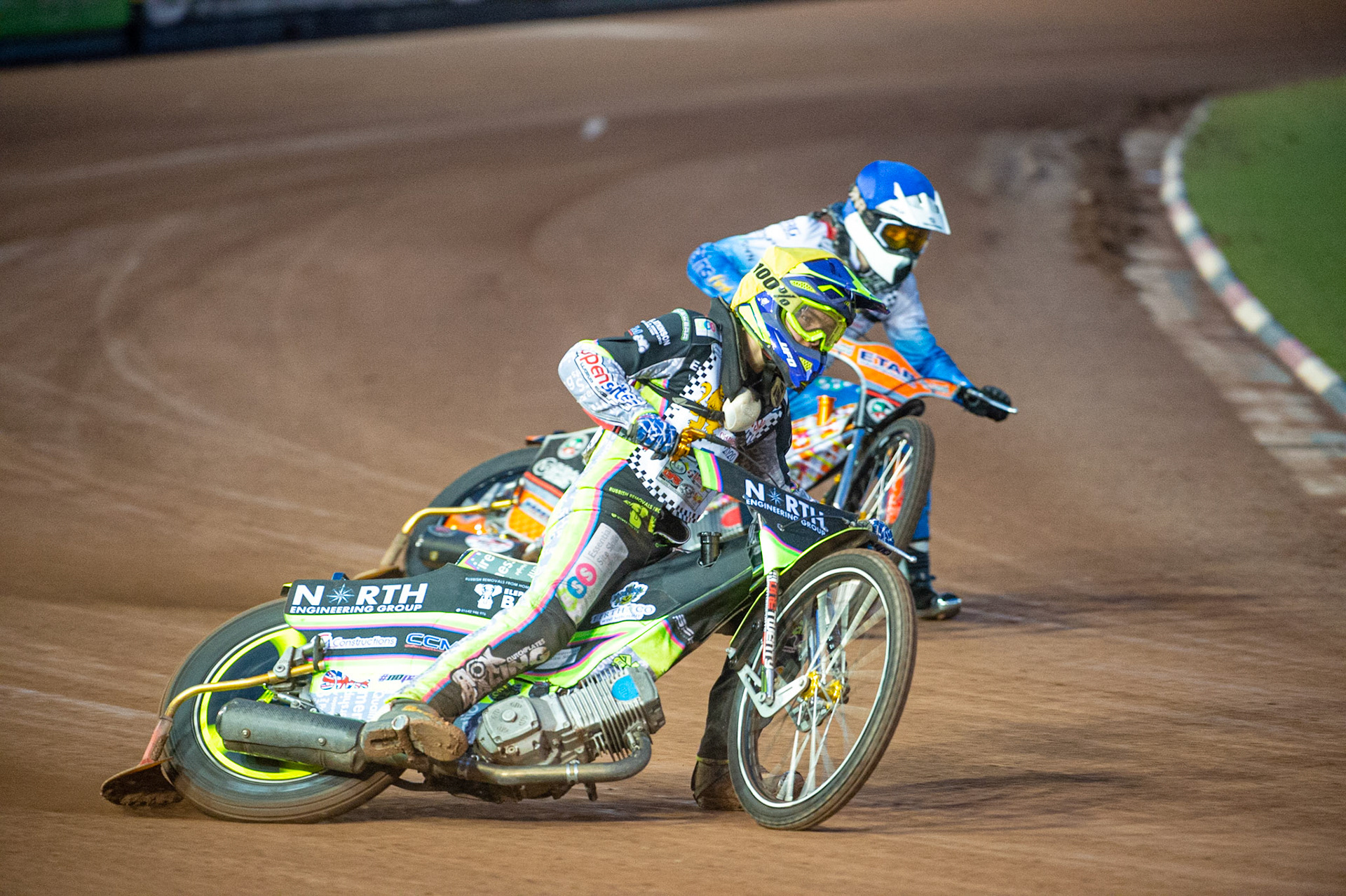 Photo: Ian CharlesAlex Goldsborough (Yellow) leads Callum Gill (Blue) (500cc B Class) British Youth Speedway Championship (Round 5), National Speedway Stadium, Manchester Saturday  10  October  2020