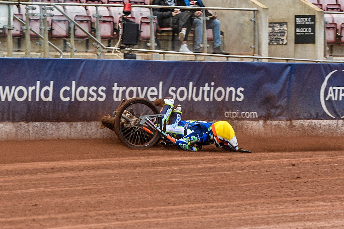 Luke Killeen  comes to grief during the National Development League match between Belle Vue Colts and Oxford Chargers at the National Speedway Stadium, Manchester on Friday 12th May 2023. (Photo: Ian Charles | MI News)