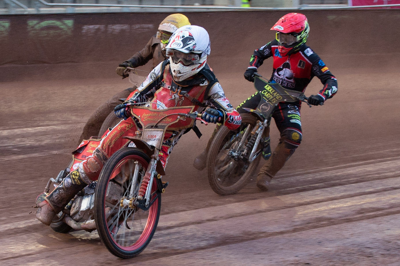 Photo: Ian Charles

Drew Kemp  (White) and Daniel Gilkes  (Yellow) lead Kyle Bickley  (Red)

Belle Vue Colts v Kent Kings, SGB National League, Belle Vue National Speedway Stadium, Manchester, Thursday 1  August  2019