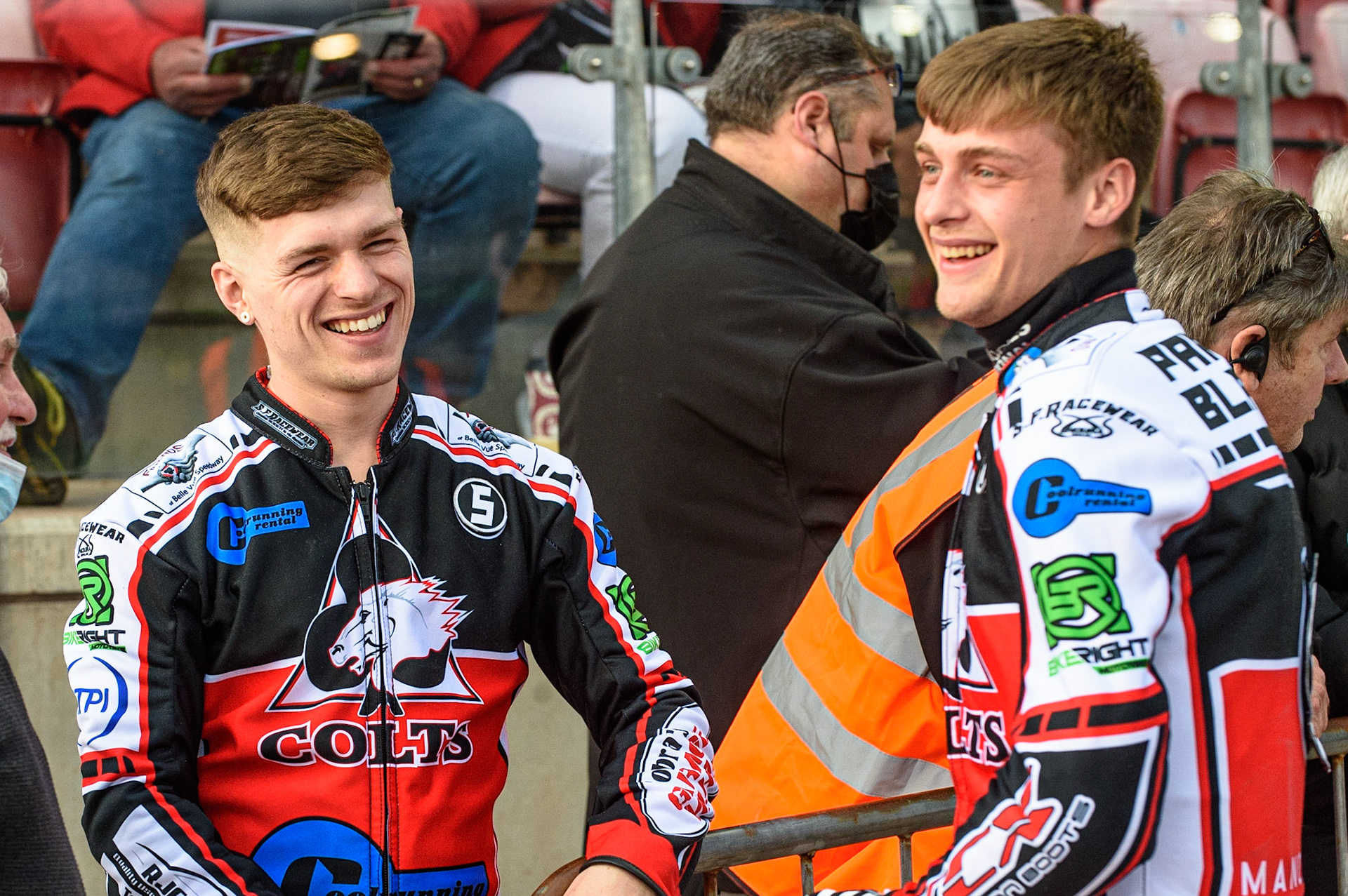 MANCHESTER, UK. MAY 28TH   Belle Vue Cool Running Colts  riders Connor Coles (left) and Jack Parkinson-Blackburn share a joke whilst waiting to ride in their match during the British Junior Championship at the National Speedway Stadium, Manchester on Friday 28th May 2021. (Credit: Ian Charles | MI News)