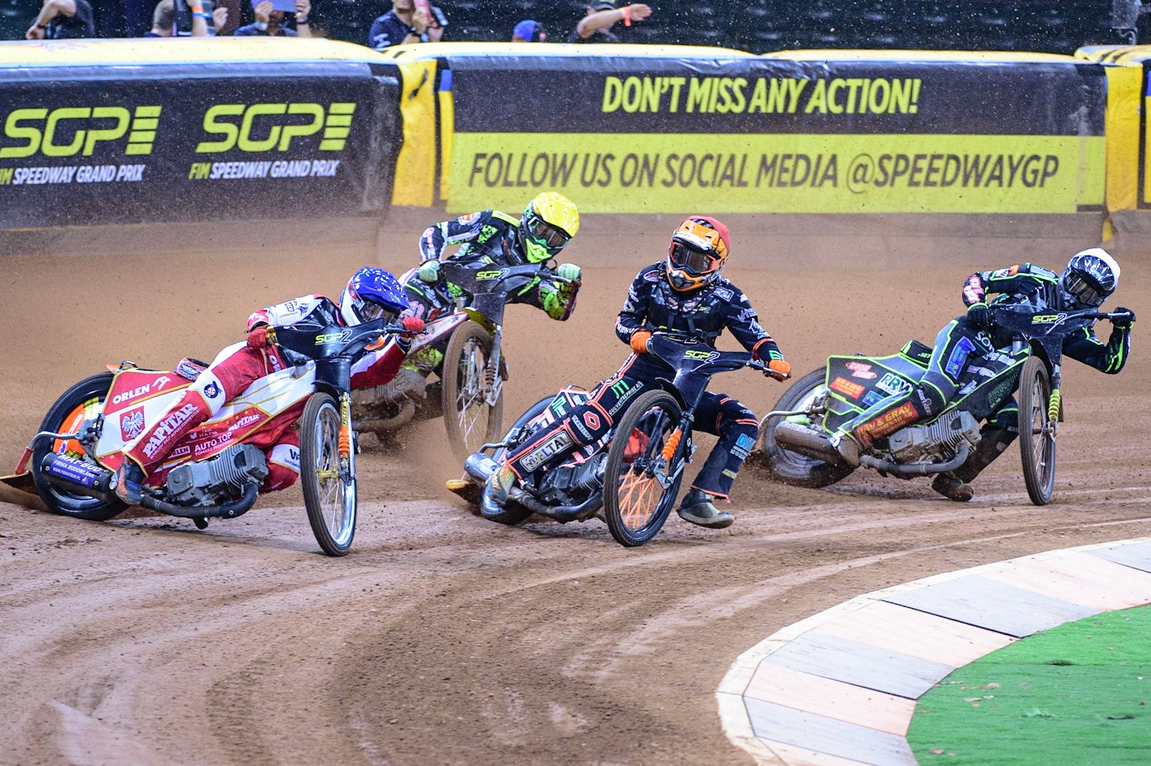 Mateusz Cierniak (Poland)  (Blue) leads Kevin Juhl Pedersen (Denmark)  (Red) Casper Henriksson (Sweden)  (Yellow) and Gustav Grahn (Sweden)  (White) during the FIM  Speedway Grand Prix  2 of Great Britain at the Principality Stadium, Cardiff on Sunday 14th August 2022. (Credit: Ian Charles | MI News)