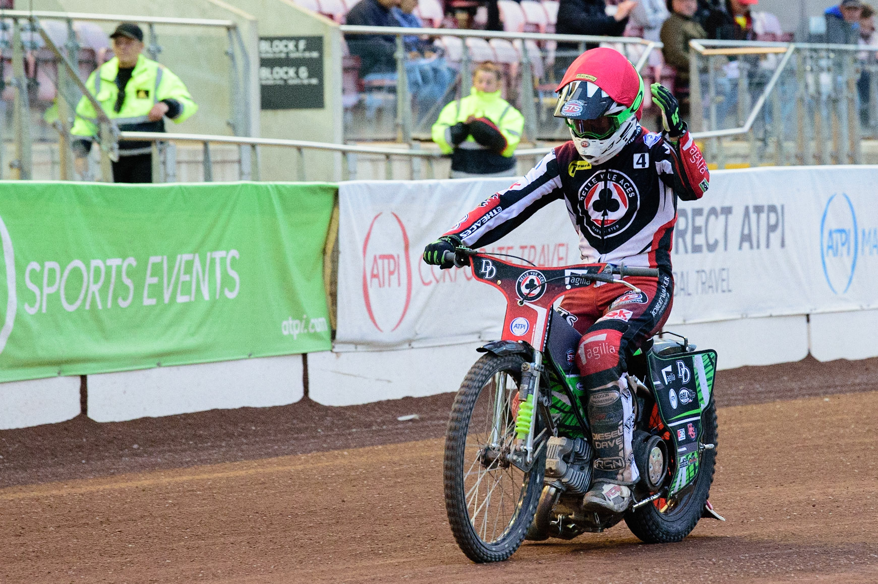 MANCHESTER, UK. JUL 5TH  Charles Wright  acknowledges the fans after his heat win  during the SGB Premiership match between Belle Vue Aces and Sheffield Tigers at the National Speedway Stadium, Manchester on Tuesday 5th July 2022. (Credit: Ian Charles | MI News)
