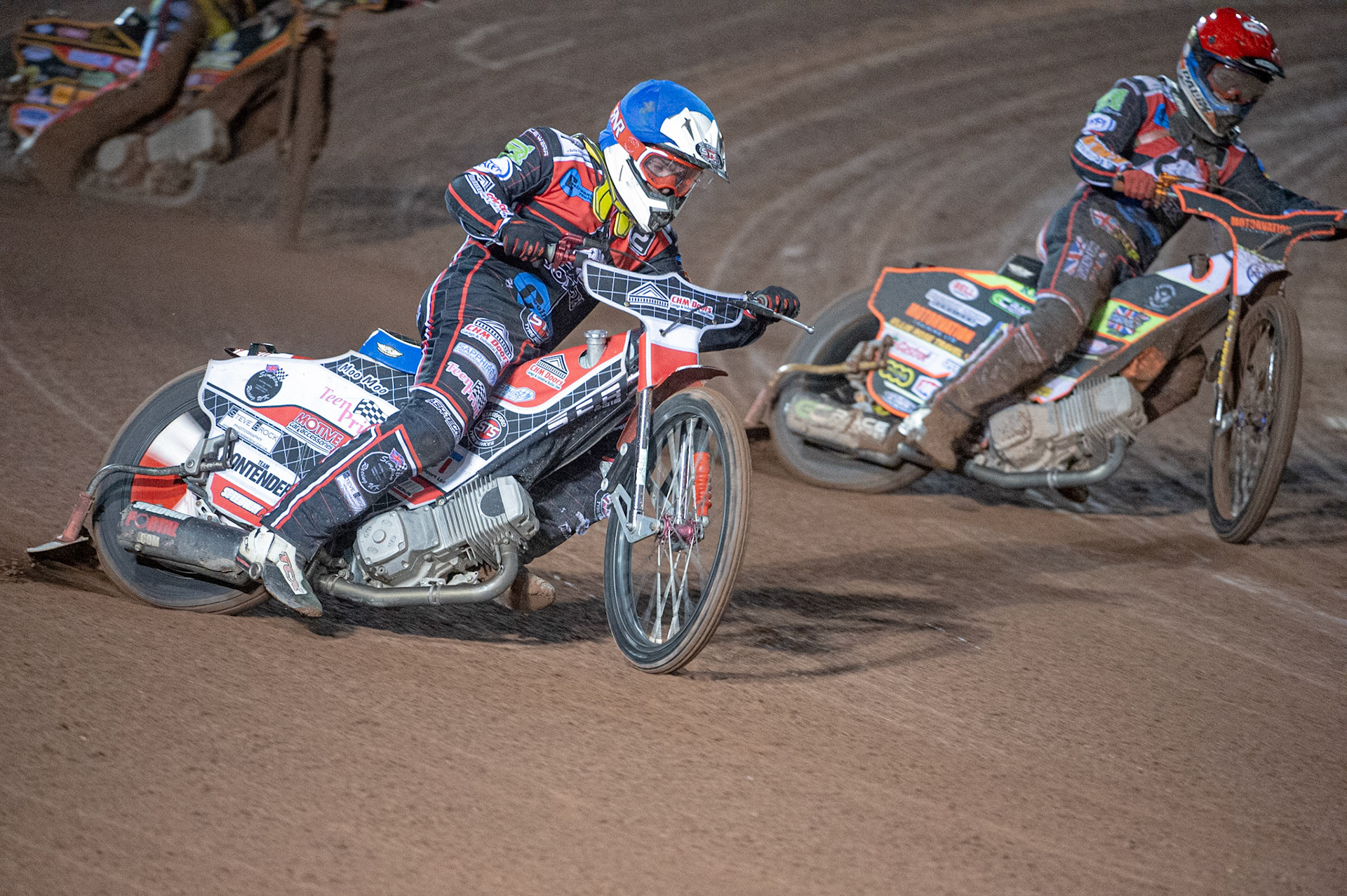 Photo: Ian Charles

Danny Phillips  (Blue) outside Jordan Palin  (Red)

Belle Vue Colts v Leicester Lion Cubs, SGB National League KO Cup Final (2nd Leg), Belle Vue National Speedway Stadium, Manchester, Tuesday 29  October  2019