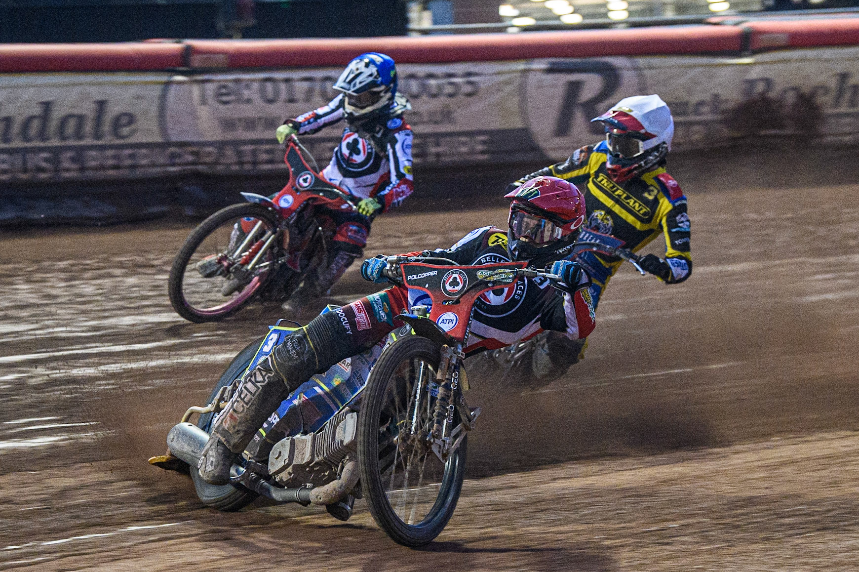 Jaimon Lidsey (Red) leads Connor Bailey (Blue) and Adam Ellis (White) during the Sports Insure Premiership match between Belle Vue Aces and Sheffield Tigers at the National Speedway Stadium, Manchester on Monday 7th August 2023. (Photo: Ian Charles | MI News)