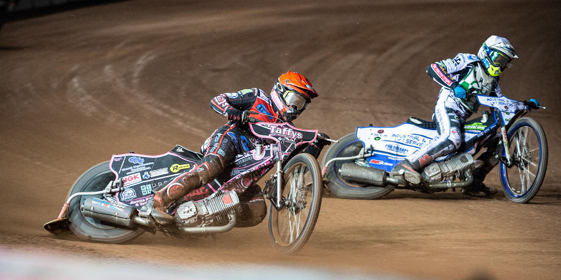 Photo: Ian Charles

Leon Flint  (Red) rides outside Max Clegg (White)

Belle Vue Colts v Cradley Heathens, SGB National League, Belle Vue National Speedway Stadium, Manchester, Thursday 29  August  2019
